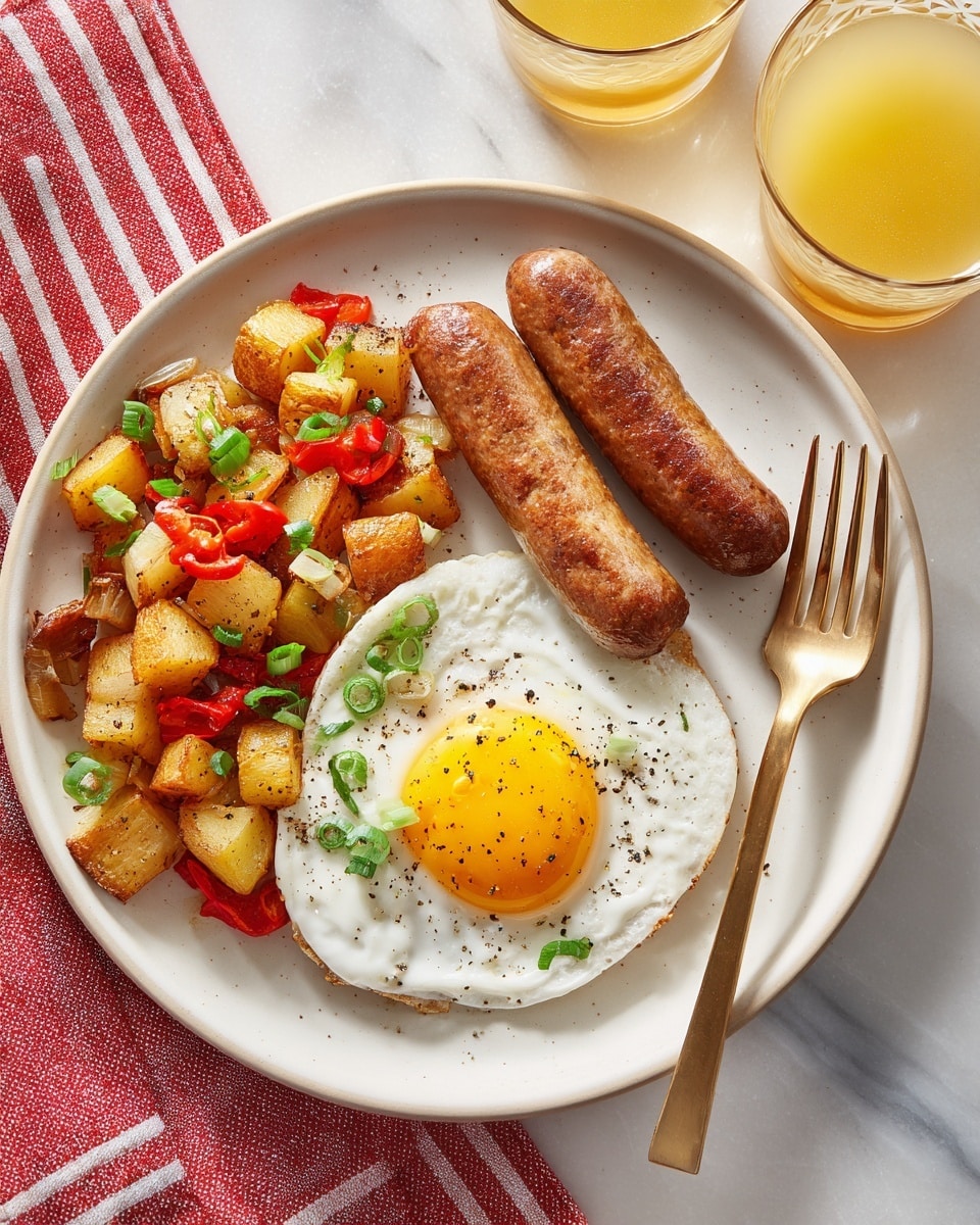 A white plate holds a breakfast with three layers: on the right, a sunny-side-up egg with a bright yellow yolk and white edges sprinkled with black pepper; above the egg, two browned sausage links with a slightly rough texture; on the left side of the plate, golden-brown potato cubes mixed with small pieces of red pepper and green onion bits. A bronze fork rests on the right edge of the plate, which sits on a white marbled surface next to a red and white striped cloth. Nearby are two clear amber glasses filled with a light yellow drink. Photo taken with an iphone --ar 4:5 --v 7