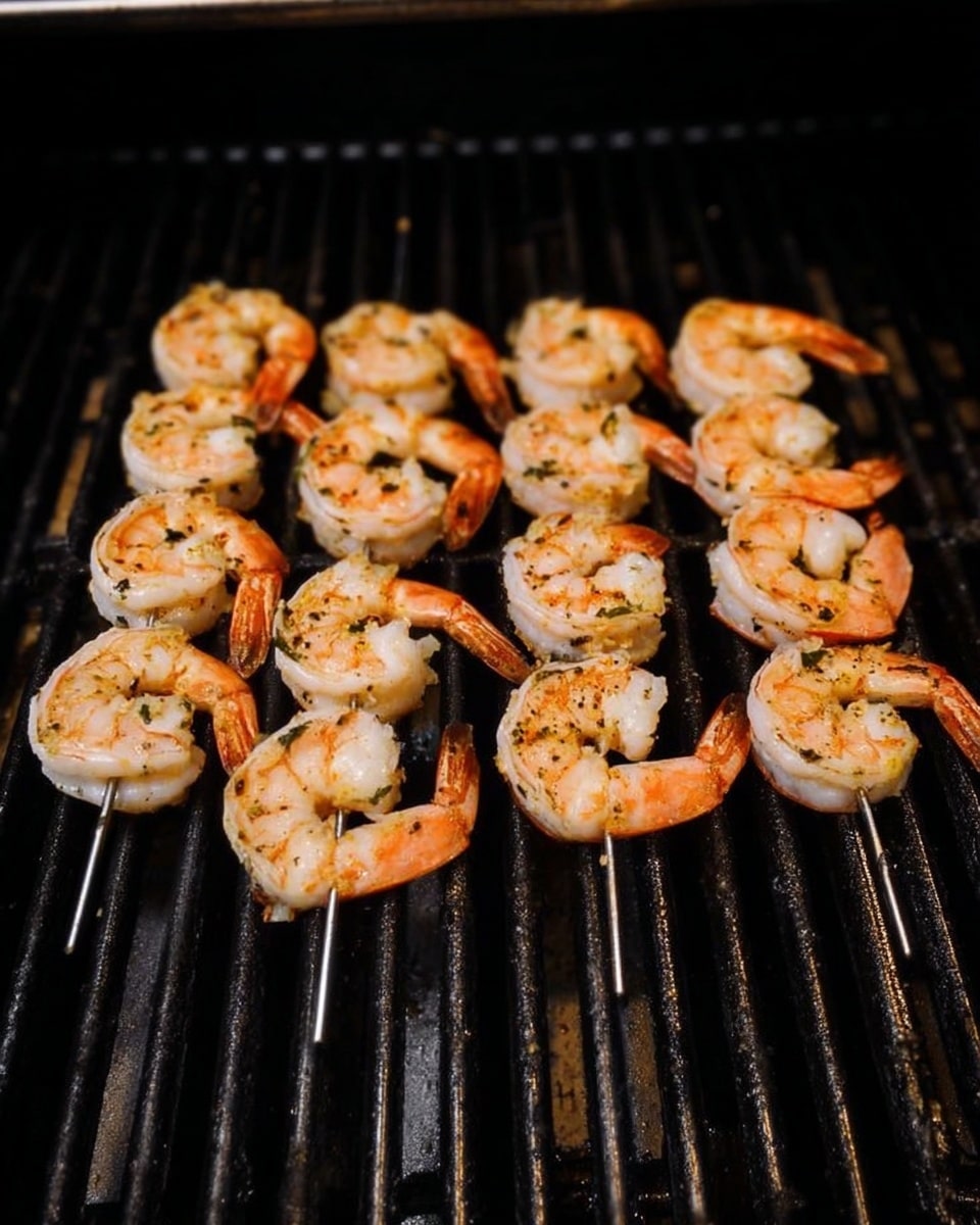 There are four metal skewers lined up side by side on a grill with black iron bars. Each skewer holds six cooked shrimp, arranged in a neat row. The shrimp have a pinkish color with some light char marks, showing a slightly grilled texture. The background is dark, focusing attention on the shrimp and grill bars. photo taken with an iphone --ar 4:5 --v 7