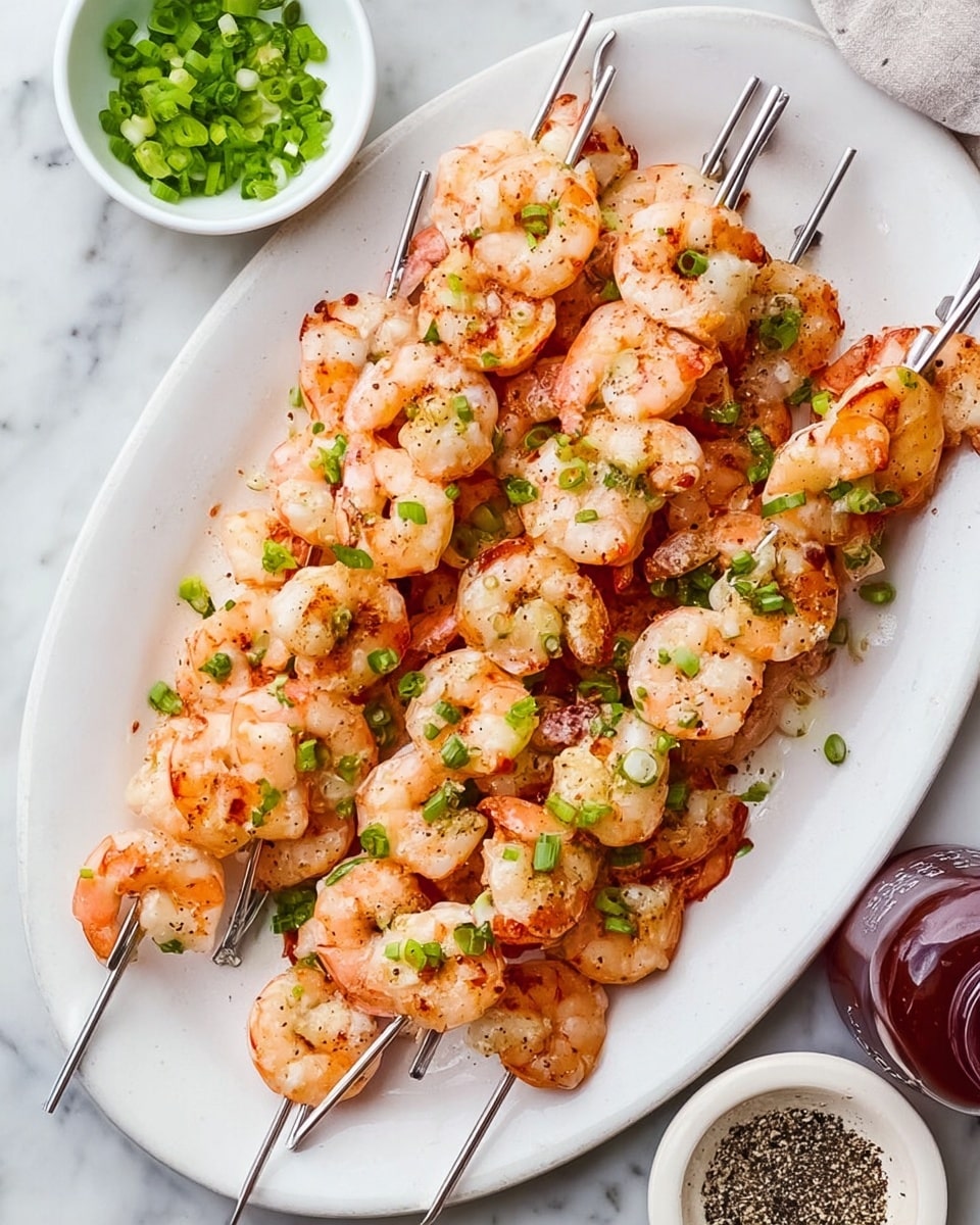 A large white oval plate holds several metal skewers with cooked shrimp arranged in layers. The shrimp are pinkish-orange with white highlights, slightly shiny, and sprinkled with small green pieces of chopped scallions scattered evenly on top. The shrimp skewers overlap each other, filling the plate with a mixture of curves and straight skewer lines. Around the plate, on a white marbled surface, there is a partial view of a small white bowl of chopped green scallions, a small white bowl containing black pepper, and a bottle of dark red sauce. photo taken with an iphone --ar 4:5 --v 7