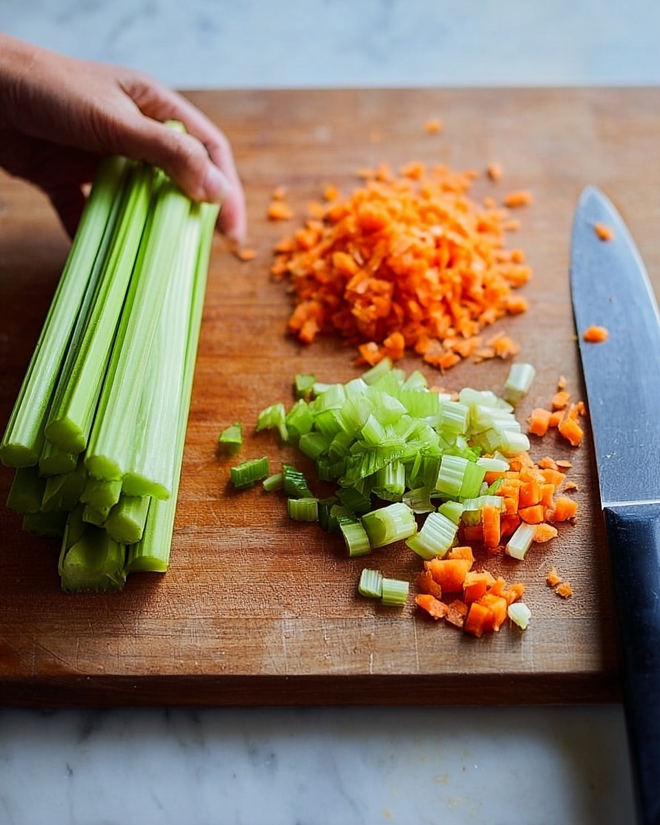 The image shows a close-up of a wooden cutting board on a white marbled surface. On the left side, a woman's hand is holding four long, green celery sticks neatly stacked. To the right of the celery, there is a small pile of finely diced orange carrots, and a few small bits of diced celery and carrot are scattered around. On the far right side of the board, a large knife with a black handle lies flat with some diced green vegetable near the blade. The lighting highlights the fresh vegetables' bright colors and textures. Photo taken with an iphone --ar 4:5 --v 7