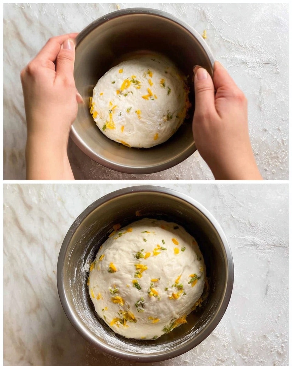 The image shows two side-by-side photos of a silver metal bowl placed on a white marbled surface, both containing a rounded dough. In the first photo, a woman's hands are gently holding the dough, which is white with small pieces of yellow and green mixed throughout. In the second photo, the dough rests inside the bowl alone, showing a smooth and slightly shiny surface with the same yellow and green bits scattered inside and on the sides of the bowl. Photo taken with an iphone --ar 4:5 --v 7
