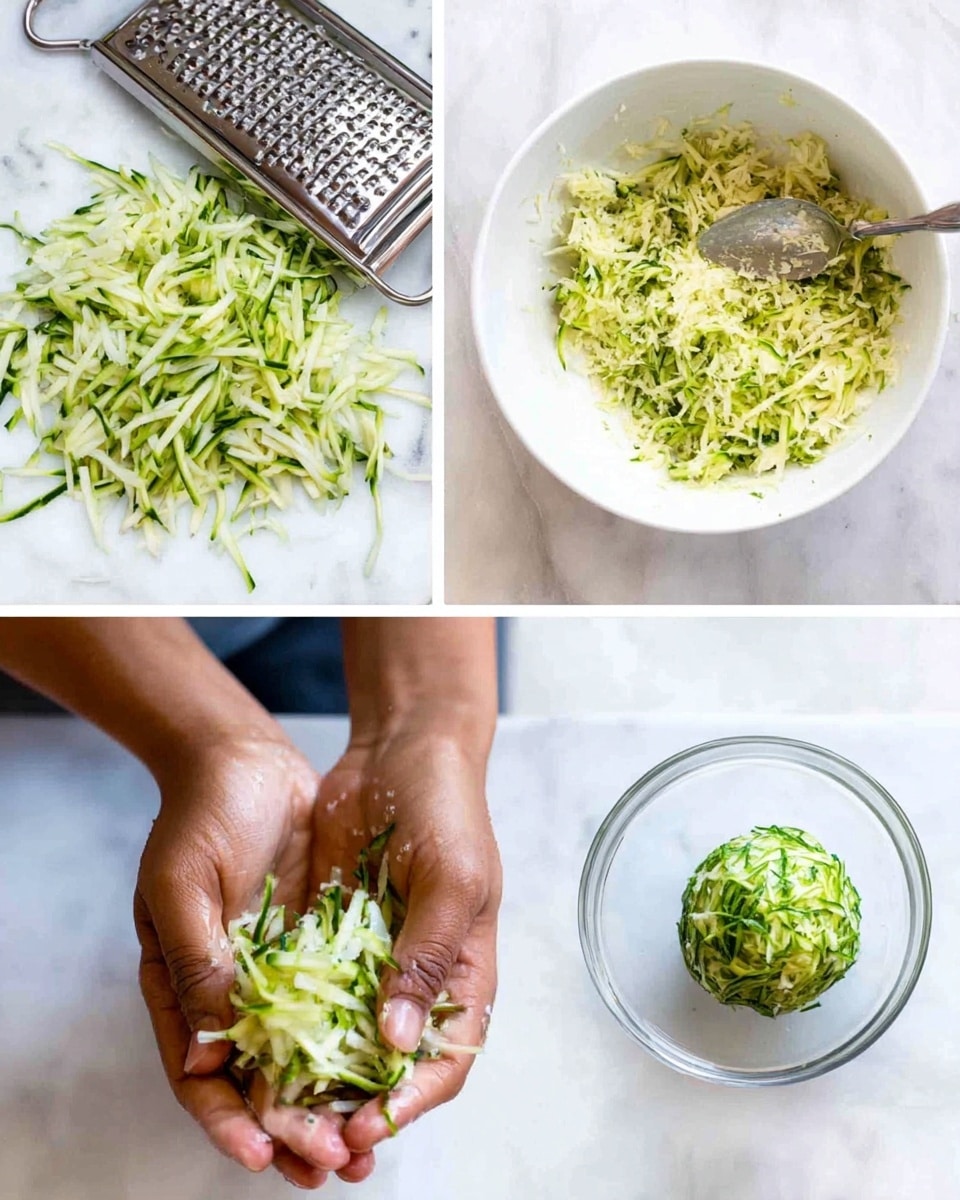 The image shows shredded green zucchini in four parts. On the left side, there is a pile of thin green and white zucchini strips with a metal grater behind it, placed on a white marbled surface. On the top right, a woman's hand is holding a spoon over a white bowl filled with shredded zucchini mixed with something creamy. Below it, a woman's hands are squeezing liquid out of a handful of shredded zucchini over a white bowl. At the bottom right, there is a small tight green and white zucchini ball sitting alone in a clear glass bowl, on the white marbled surface. Photo taken with an iphone --ar 4:5 --v 7