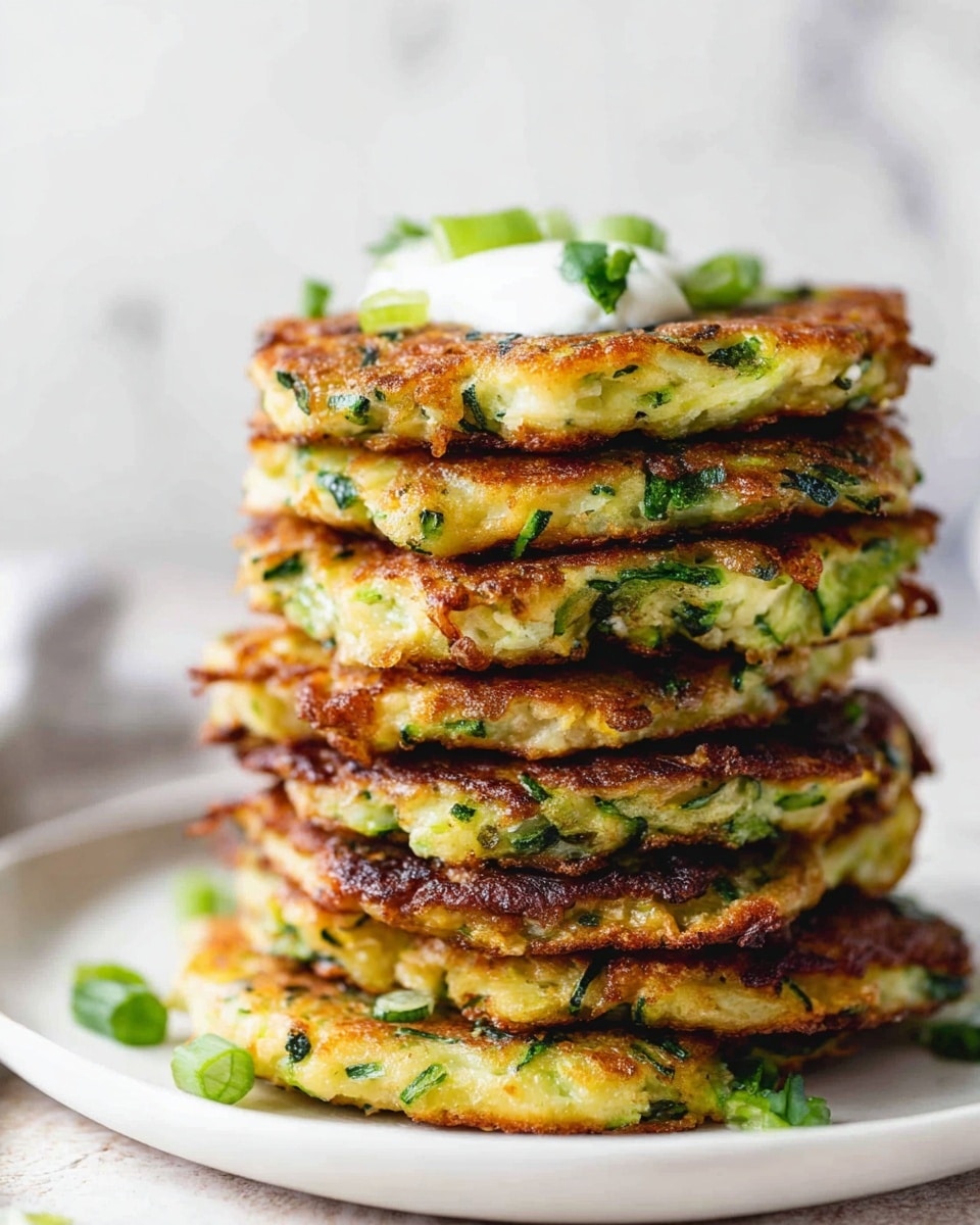 A stack of five golden brown vegetable fritters with visible green herbs and zucchini pieces sits on a white plate, placed on a white marbled surface. The fritters look crispy on the edges with a soft texture inside. A woman's hand is drizzling thick white sauce on top of the stack from above. Fresh green salad leaves are arranged around the plate as garnish. In the background, there is a clear glass with light pink liquid slightly out of focus, and a silver fork and knife rest near the plate next to a light pink cloth. Photo taken with an iphone --ar 4:5 --v 7
