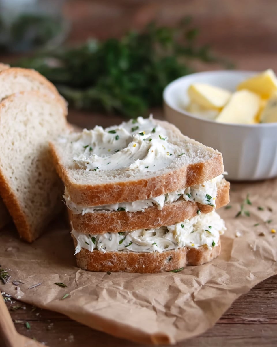 The image shows a close-up of a sandwich made with two slices of light brown bread stacked on top of each other. The top slice is spread with a white creamy sauce sprinkled with small bits of green herbs. The sandwich is placed on a piece of brown parchment paper, resting on a wooden surface. To the left, there are two more slices of bread, and to the right, a small white bowl holds pale yellow butter. Some green herbs are blurred in the background above the sandwich, adding a fresh touch. The overall colors are soft and natural, highlighting the textures of the bread and creamy sauce. Photo taken with an iphone --ar 4:5 --v 7