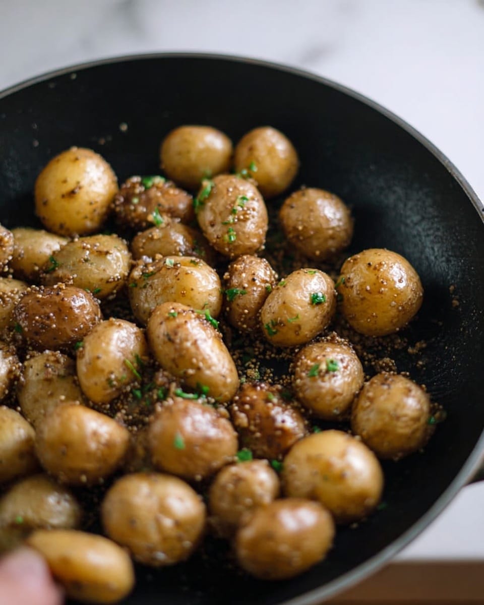 A close-up view of a black skillet filled with cooked small round potatoes that have a light brown, slightly shiny surface, some covered with coarse grain mustard seeds and bits of green herbs scattered on top. The potatoes look tender with a mix of smooth and slightly textured skins. The skillet sits on a white marbled surface, and a woman's hand is holding the skillet’s edge on the right side. Photo taken with an iphone --ar 4:5 --v 7