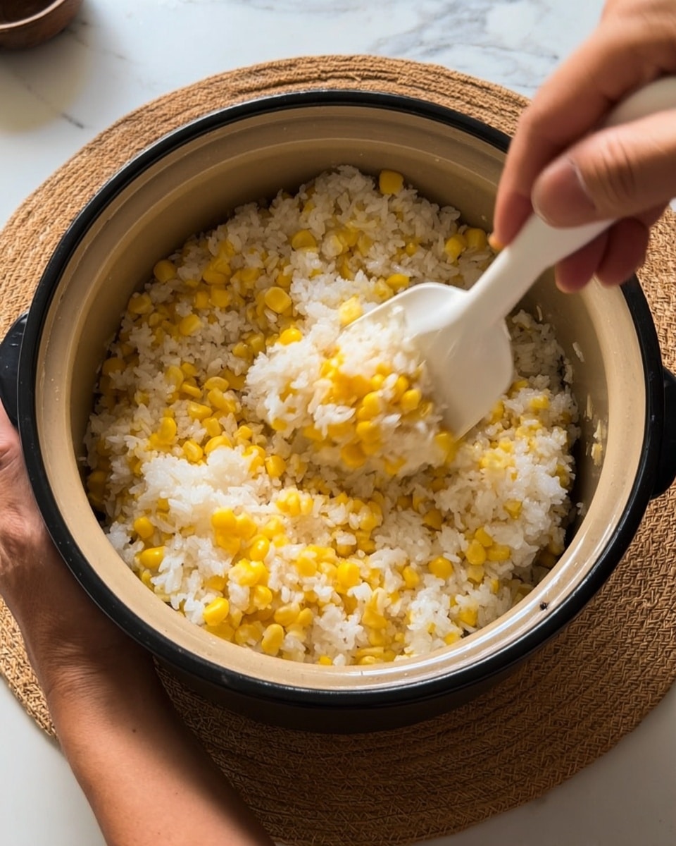 A close-up image showing a black pot with a cream-colored inner rim filled with white rice mixed evenly with bright yellow corn kernels. A woman's hand holds the pot from one side while another woman's hand stirs the rice and corn with a white spatula, causing the grains to blur slightly from movement. The pot sits on a woven mat placed on a white marbled surface. photo taken with an iphone --ar 4:5 --v 7