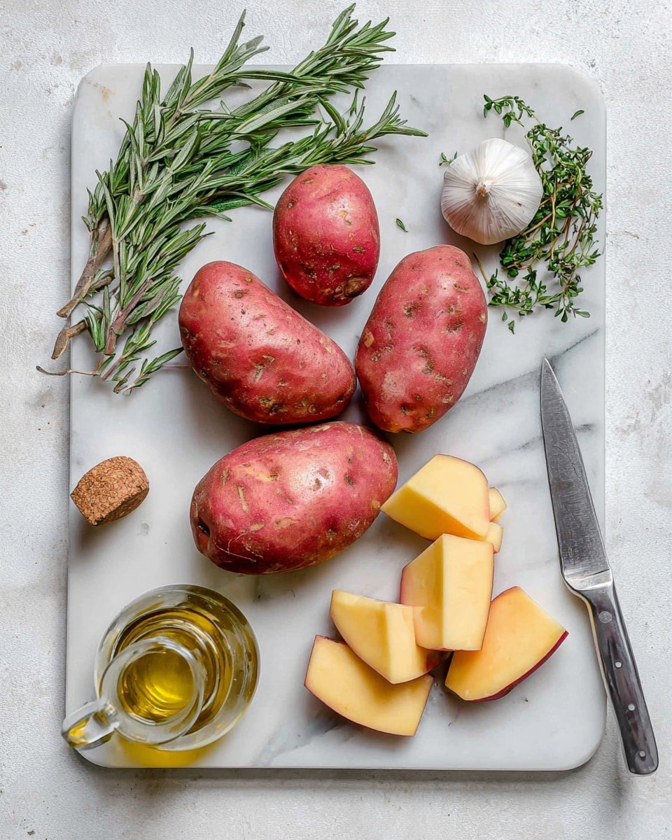 The image shows a white marble cutting board placed on a white marbled surface. On the board, there are five whole red potatoes with reddish-brown skin, one potato partially sliced into thick pieces showing yellow flesh inside. Next to the potatoes, there is a shiny silver knife with a clean blade. A round whole garlic bulb and fresh green herbs including rosemary and oregano are arranged beside the potatoes. A small glass bottle filled with golden-yellow olive oil with a cork stopper lies near the bottom left corner. A woman's hand is not visible in the image. Photo taken with an iphone --ar 4:5 --v 7