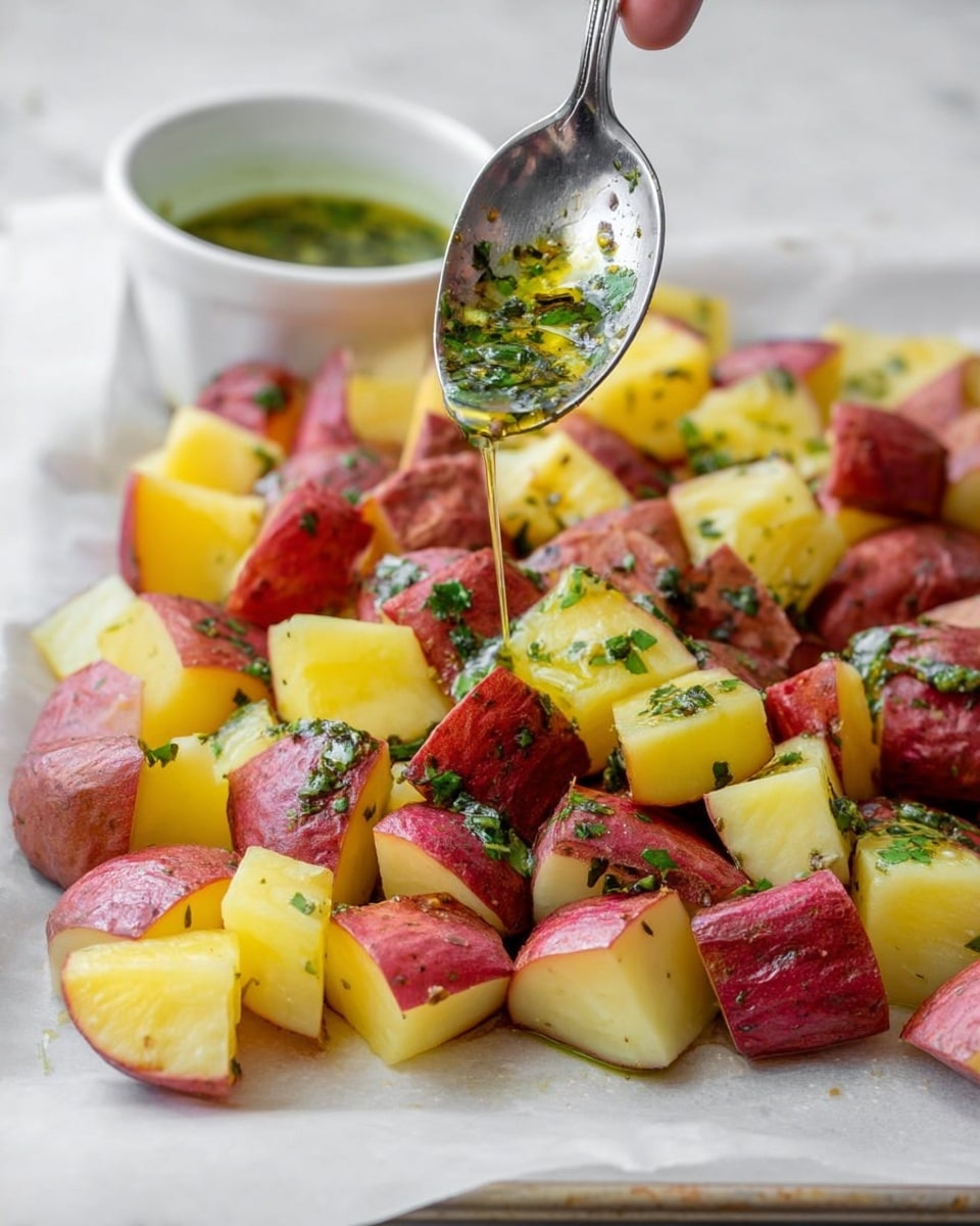 The image shows many pieces of red-skinned potatoes cut into medium-sized cubes with yellow flesh, placed on white parchment paper over a white marbled surface. A woman's hand holds a silver spoon above the potatoes, pouring a shiny green herb oil with visible small chopped green herbs on the potato pieces. In the background, there is a small white bowl containing more of the green herb oil. The scene is well lit with natural light, focusing on the spoon and potatoes. photo taken with an iphone --ar 4:5 --v 7