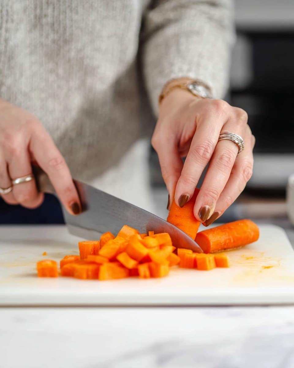 A close-up shot shows a woman's hand holding a bright orange carrot on a white cutting board, while the other hand, adorned with rings and brown nail polish, is using a large silver knife to slice the carrot into small, even pieces. The carrot pieces are neatly arranged in front on the white cutting board, which sits on a white marbled surface. The background is softly blurred, focusing attention on the cutting action. Photo taken with an iphone --ar 4:5 --v 7