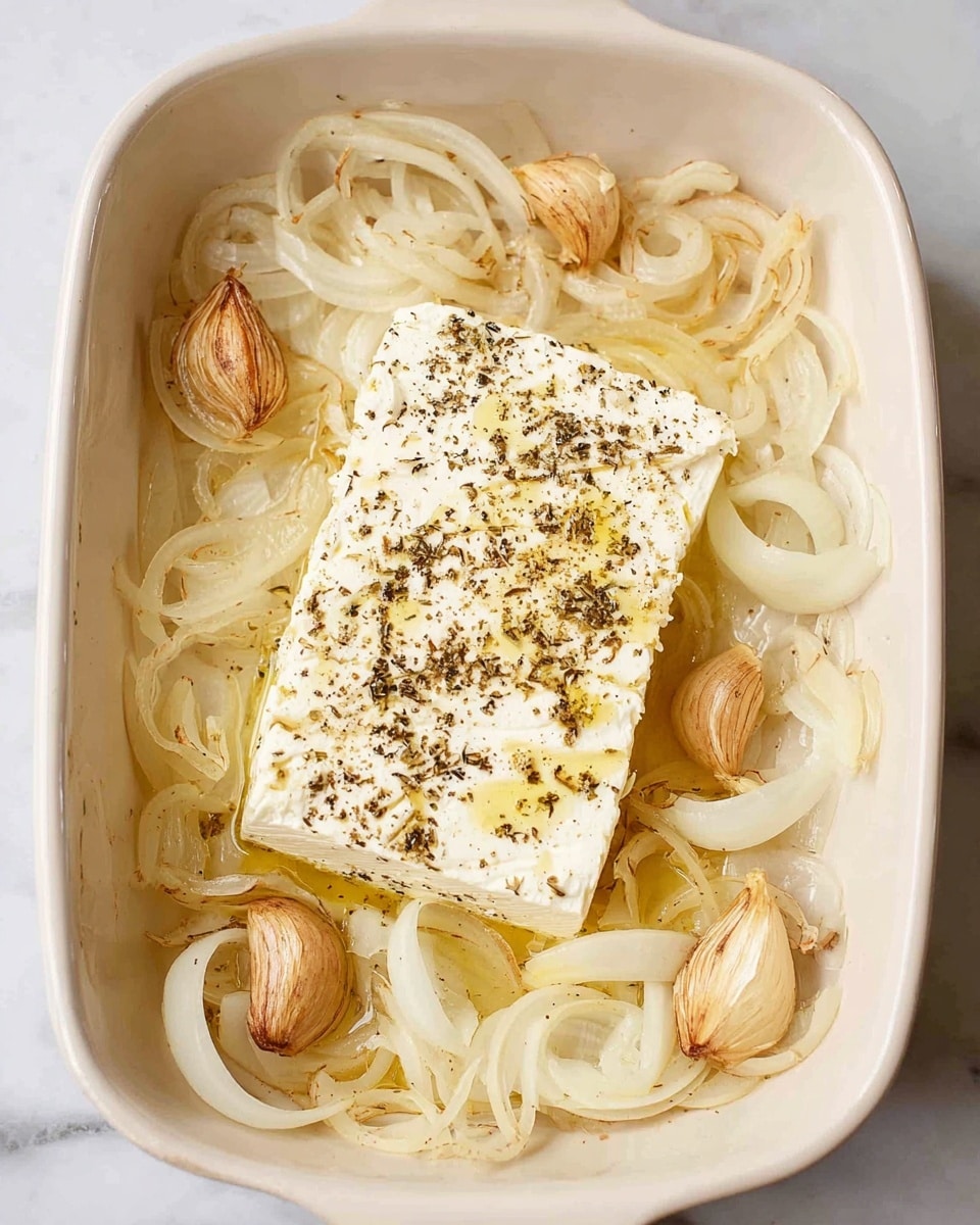 A white baking dish with one thick, rectangular white block of cheese in the center, sprinkled with black pepper and a bit of olive oil on top. Around the cheese are many thin white onion slices that are soft and slightly browned on the edges. There are four whole garlic cloves, light brown and roasted, placed near the cheese. The dish sits on a white marbled surface. photo taken with an iphone --ar 4:5 --v 7