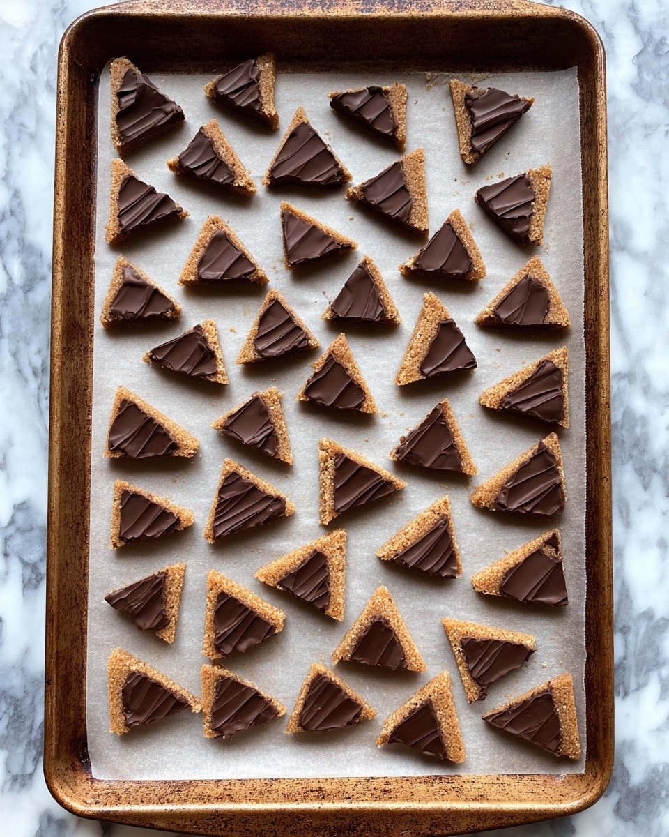 A large baking tray with parchment paper holds many small triangular pieces of a two-layered treat arranged in neat rows. Each piece has a bottom layer of light brown, crumbly texture, resembling a cookie or shortbread, topped with a smooth, shiny layer of dark chocolate. The chocolate layer has a slightly rippled edge, looking like it came from a mold or from cutting a larger piece. The tray rests on a white marbled surface. photo taken with an iphone --ar 4:5 --v 7