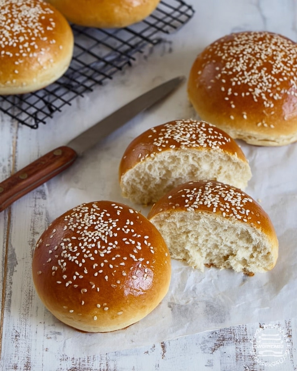 The image shows six shiny golden brown round buns topped with white sesame seeds. Four buns are arranged on a black cooling rack over a dark board on a white marbled surface, while two buns are placed directly on the white marbled surface in front of the board. The buns have a smooth, soft texture with a slightly glossy finish, highlighting their freshly baked look. In the upper left corner, part of a white cloth is visible, lightly covering some buns on the rack. The overall scene is bright and clean, emphasizing the warm color and texture of the buns photo taken with an iphone --ar 4:5 --v 7