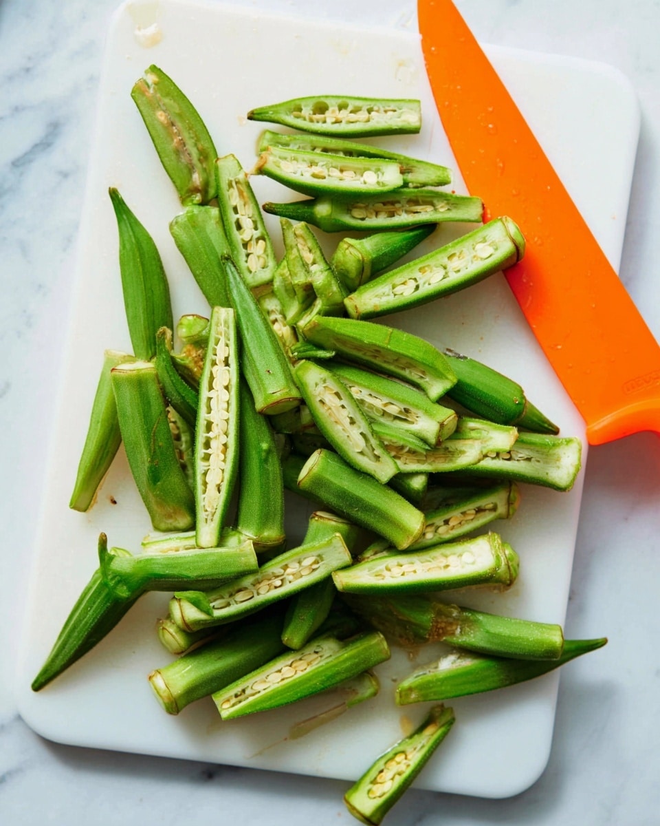 A white cutting board sits on a white marbled surface, covered with fresh green okra that is sliced in half lengthwise, showing pale green seeds inside. The okra pieces vary in size and are stacked in a casual pile across the board. On the right side, an orange knife with its blade facing the okra rests on the cutting board's edge. The scene is bright with natural light highlighting the textures and colors. photo taken with an iphone --ar 4:5 --v 7