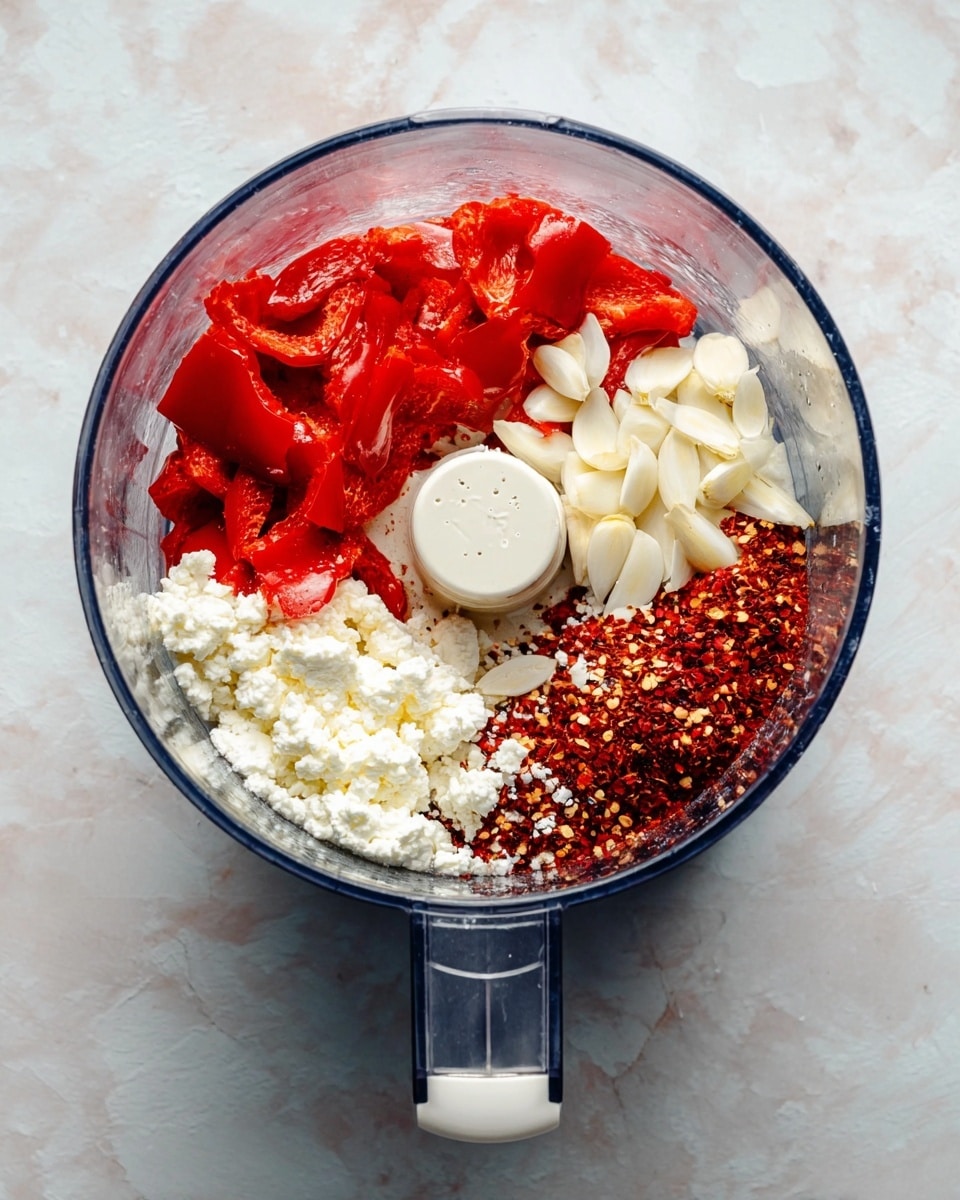 In a clear food processor bowl placed on a white marbled surface, there are four main layers of ingredients; the bottom layer is white crumbled cheese with a soft texture covering about half of the bowl, next to it on the right is a pile of red chili flakes adding a coarse and dry texture, above the cheese and chili flakes to the left are bright red roasted red pepper pieces giving a shiny, smooth, and slightly wrinkled look, and scattered on top of the peppers are a few small white slices of garlic. The transparent bowl shows all these layers clearly, with a white handle attached to it. Photo taken with an iphone --ar 4:5 --v 7