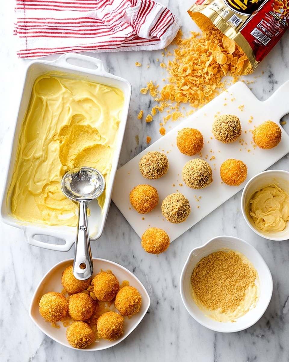 The image shows a white rectangular dish with a creamy yellow mixture that has some round scoops taken out with a silver ice cream scoop resting inside. Next to it on a white marbled surface is a white cutting board holding eight round balls coated in breadcrumbs, with three having a darker brown coating and five a lighter golden one. To the right are two white bowls; one filled with a light yellow batter and the other with orange crumbs, several orange-coated balls roll on this plate. Above, a white plate has a pile of golden crumbs, and a chip bag spilling crispy chips lies nearby. A red and white striped cloth is partly visible in the top left corner. Photo taken with an iphone --ar 4:5 --v 7