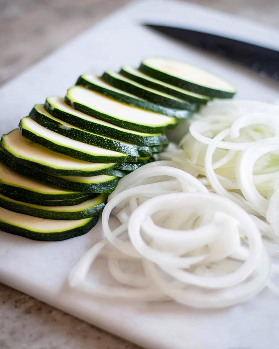 The image shows thin slices of green zucchini and white onion placed side by side on a white marbled cutting board. The zucchini slices are stacked in a neat row on the left side, showing green skin with light green inside. The white onion slices are next to the zucchini on the right side, shaped in thin, round rings. In the background, there is a black knife lying on the white marbled cutting board. The overall scene has a clean and fresh look. photo taken with an iphone --ar 4:5 --v 7
