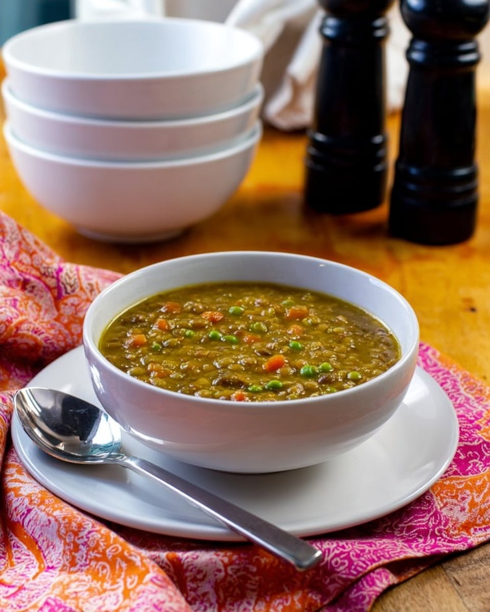 A white bowl filled with thick greenish lentil soup with visible bits of orange carrots and green peas, placed on a white plate. The bowl sits on a pink and orange patterned cloth on a wooden table. Next to the plate is a shiny silver spoon. In the background, there are three stacked white bowls and black salt and pepper shakers. The surface is a white marbled texture photo taken with an iphone --ar 4:5 --v 7