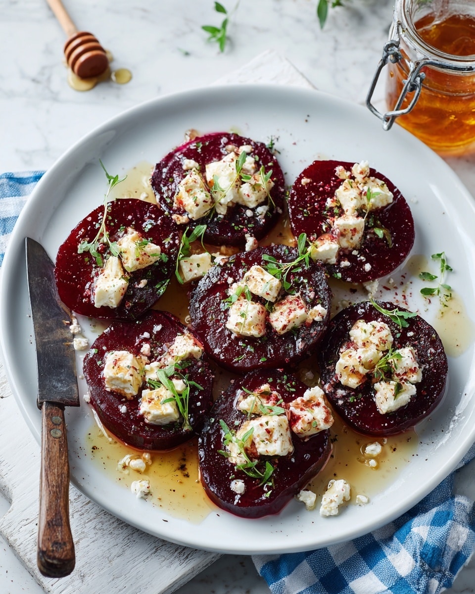 A white plate holds several thick, circular slices of deep red roasted beetroot arranged loosely on the surface. Each beetroot slice is topped with scattered small chunks of creamy white feta cheese that have a slightly browned texture from baking. Light golden honey is drizzled over and around the beetroot slices, creating a shiny glaze. Sprigs of fresh green herbs are sprinkled lightly over the dish, adding subtle color contrast. The plate sits on a white marbled table with a blue and white checkered cloth partially underneath and a small jar of honey with a stick beside it. A spatula with a wooden handle rests on the side of the plate. Photo taken with an iphone --ar 4:5 --v 7