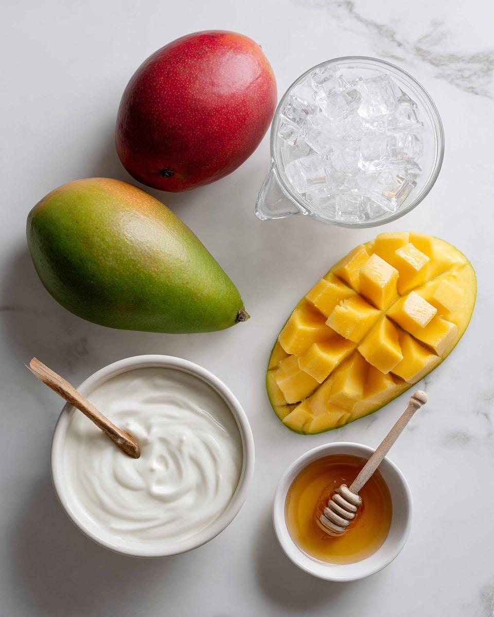 The image shows five main ingredients arranged on a white marbled surface: a whole red and green mango, a half mango with yellow flesh cut into cubes but still attached to the skin, a white bowl filled with thick and creamy white Greek yogurt, a small white bowl holding golden honey with a light wooden honey dipper resting in it, and a small white saucepan with a wooden handle filled with white fat-free milk. Also, there is a clear glass bowl filled with crushed ice placed near the top. Each element's texture is clear, with the smooth yogurt, shiny mango skin, and translucent ice standing out. Photo taken with an iphone --ar 4:5 --v 7