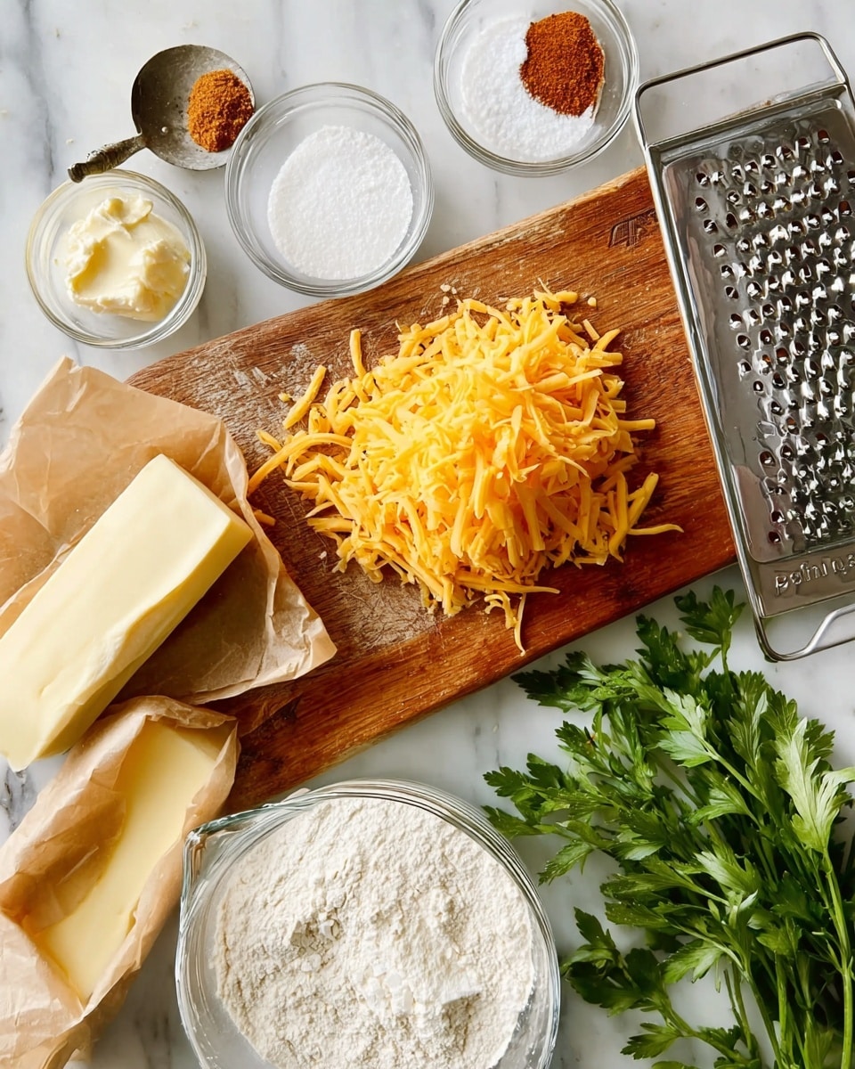 The image shows a wooden cutting board placed on a white marbled surface. On the board, there is a metal grater with bright yellow shredded cheese and slices of the same cheese stacked neatly. Near the bottom left, two unsalted butter sticks wrapped in light brown paper are placed partly on the board. On the white marbled surface beside the board, there are small glass bowls containing white powder, light brown granules, and granulated sugar. A silver spoon holds a reddish-brown spice at the top. Fresh green parsley is laid at the bottom right. At the bottom edge of the image, there's a clear measuring cup filled with a white liquid and a clear bowl filled with white flour. Photo taken with an iphone --ar 4:5 --v 7