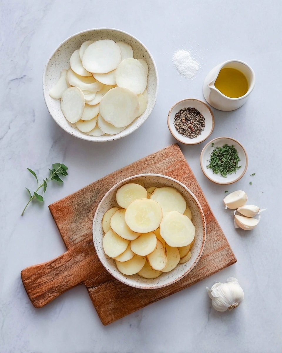 The image shows thin, round slices of peeled potato in a white speckled bowl placed on a wooden cutting board with a handle, resting on a white marbled surface. Above, there is another white speckled bowl filled with thin slices of a white root vegetable. To the right, three small white speckled bowls hold coarse salt, black pepper, and two garlic cloves, with a small sprig of green herbs beside them on a white marbled tray. There is also a tiny white speckled jug with golden olive oil. A fresh herb sprig lies on the marbled surface near the cutting board. Photo taken with an iphone --ar 4:5 --v 7
