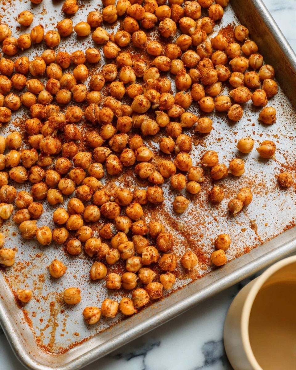 This image shows a close-up of a metal baking tray filled with small round chickpeas. The chickpeas are golden-brown and some are covered with a reddish spice powder. The tray is placed on a white marbled surface, and there is a beige cup partially visible in the bottom right corner. The chickpeas are spread out unevenly on the tray, some clustered in the middle and others scattered toward the edges. photo taken with an iphone --ar 4:5 --v 7