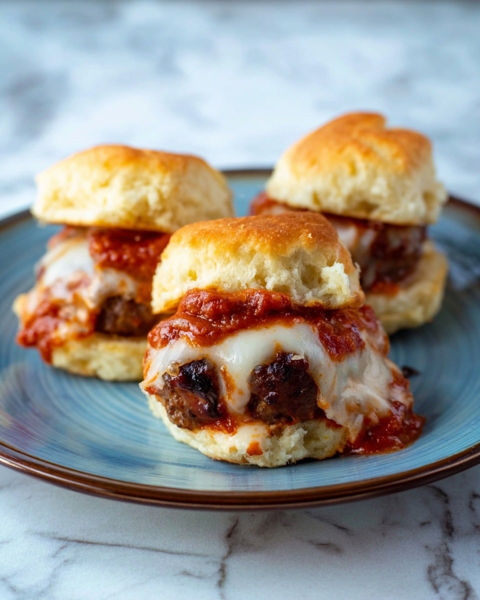 Three small sandwiches sit close together on a white plate with a blue inside, placed on a white marbled texture. Each sandwich has two golden-brown biscuit layers. Between the biscuits, there is a thick dark brown meat patty covered with melted white cheese and red tomato sauce that drips slightly down the sides. The top biscuit layers are slightly open, showing the saucy cheese and meat inside. Photo taken with an iphone --ar 4:5 --v 7
