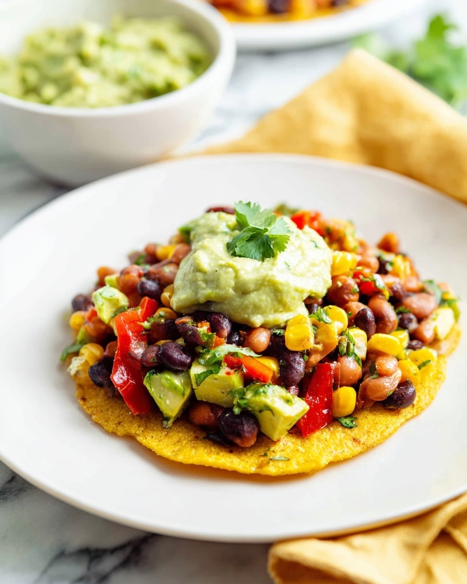 A white plate holds a crispy yellow corn tostada as the base layer, topped with a colorful mix of black beans, pinto beans, diced red bell peppers, bright yellow corn, chunks of green avocado, and fresh herbs spread evenly. On top of this sits a creamy, pale green dollop of guacamole garnished with a small cilantro leaf. In the background, a white bowl of green guacamole and a folded yellow cloth napkin sit on a white marbled surface. Photo taken with an iphone --ar 4:5 --v 7