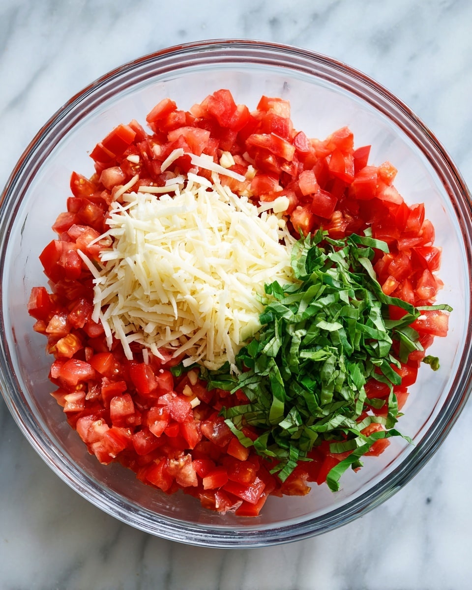 A clear glass bowl is filled mostly with small bright red diced tomatoes forming the base layer. On top, there are three piles placed separately: one of finely chopped light yellow garlic near the top center, one of finely shredded white cheese on the left side, and one of thinly sliced bright green basil leaves on the right side. The bowl sits on a white marbled surface. photo taken with an iphone --ar 4:5 --v 7
