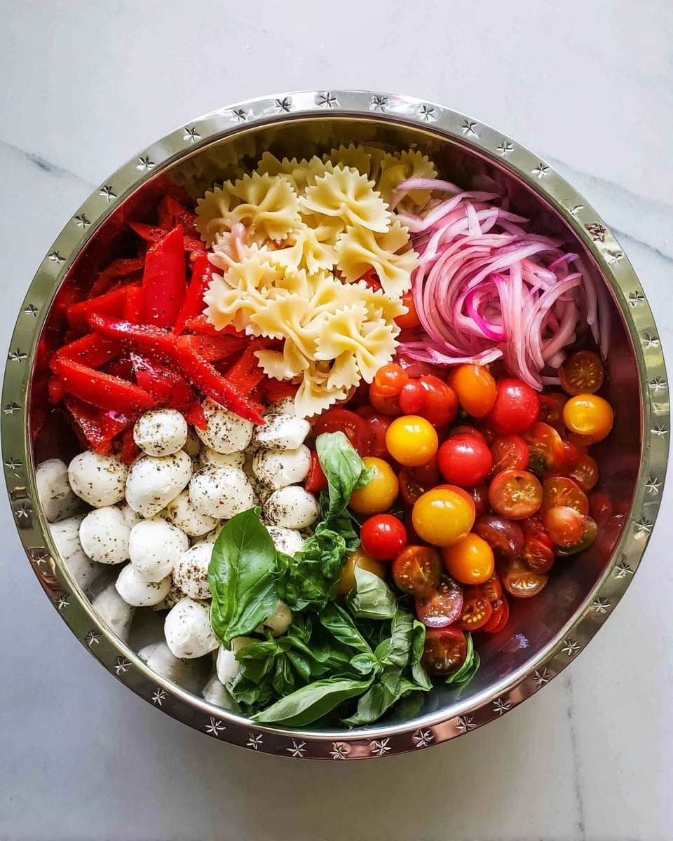 A shiny silver bowl with star cutouts holds a colorful pasta salad on a white marbled surface. The salad has three main layers: at the bottom and mixed through are green leafy arugula leaves; the middle layer shows small white mozzarella balls and yellow and red cherry tomatoes cut in halves; and the top layer is made of creamy white bowtie pasta with sprinkled thin, bright pink pickled onion slices. The textures range from smooth mozzarella and soft cherry tomatoes to the crisp arugula and tender pasta. The bowl is filled to the brim with these fresh ingredients. photo taken with an iphone --ar 4:5 --v 7