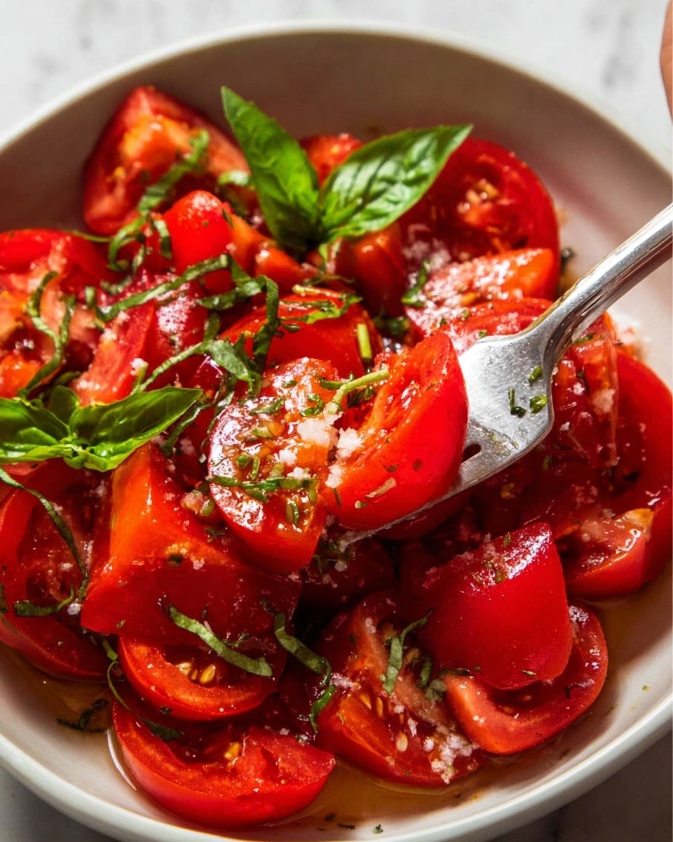 A silver metal bowl holds bright red tomato halves sprinkled with small white bits of garlic. Above the bowl, an olive oil bottle pours a thin stream of golden oil onto the tomatoes. The bowl sits on a white marbled surface with some green herb leaves scattered nearby and a white cloth to the right. Photo taken with an iphone --ar 4:5 --v 7