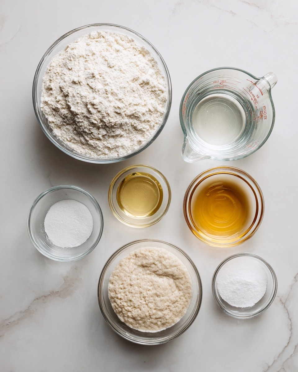 The image shows six clear glass containers arranged on a white marbled surface. There is a large clear glass bowl filled with off-white all purpose flour in the top left. Below it is a clear measuring cup filled with transparent water. To the right of the water, there is a small clear bowl with golden honey. Above the honey, a medium-sized clear bowl contains a bubbly, light beige sourdough starter. Above the sourdough starter, a small clear bowl holds white salt, and next to it on the left is another small clear bowl labeled baking soda (optional) with white powder inside. Each container is clean and clearly shows its ingredient inside. Photo taken with an iphone --ar 4:5 --v 7