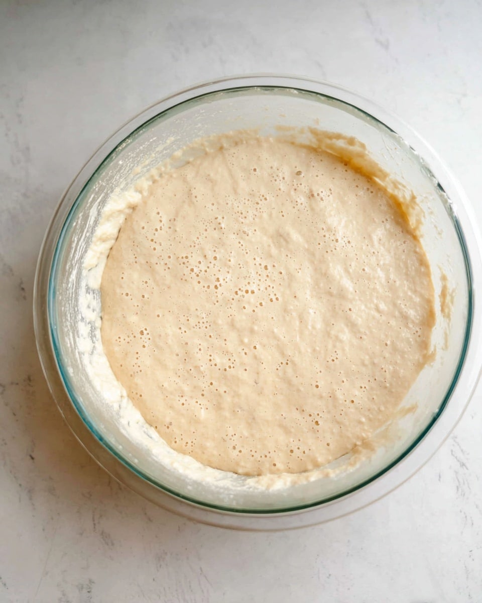 A clear glass bowl holds a thick, bubbly dough that fills most of the bowl. The dough is pale beige with a frothy, soft texture and small air bubbles visible on the surface. The bowl is placed on a white marbled surface, showing slight smears of dough along the inside edges. photo taken with an iphone --ar 4:5 --v 7