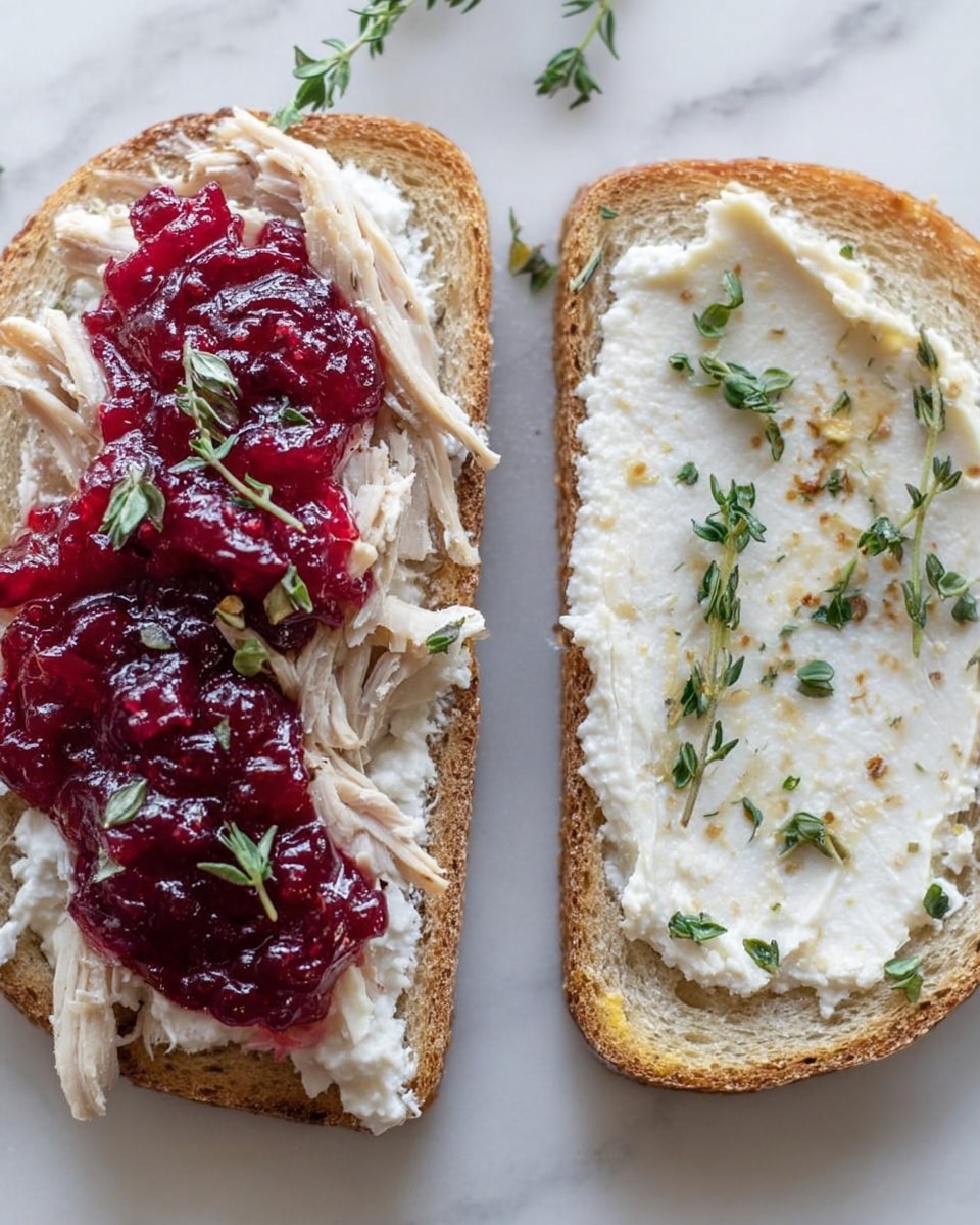 The image shows two slices of bread on a white marbled surface. The left slice is topped with a thick spread of white cream, shredded light brown turkey, bright red cranberry sauce, and green sprigs of thyme. The right slice has a layer of creamy white spread with a few green thyme leaves scattered on top. Both slices have a slightly brown crust, and the textures of the spreads and toppings are clear and distinct. The photo taken with an iphone --ar 4:5 --v 7