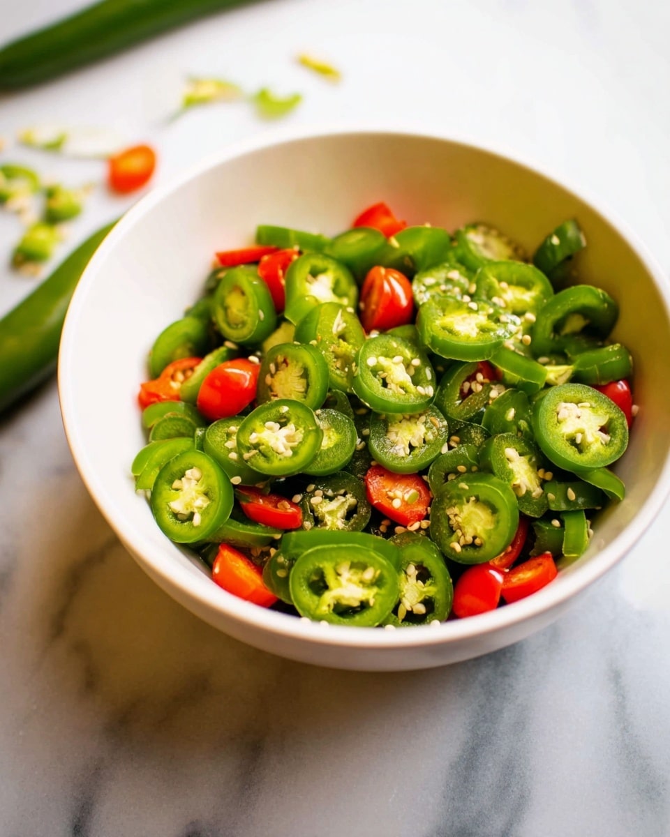 A white bowl filled with slices of green and red chili peppers. The green chili slices are the main layer, showing seeds inside with a fresh, slightly shiny texture. Mixed evenly with them are fewer slices of red chili, which add a bright contrast. The bowl is placed on a white marbled surface, and there are some chili seeds scattered nearby. The bowl is viewed from a side angle with soft natural light highlighting the vibrant colors photo taken with an iphone --ar 4:5 --v 7
