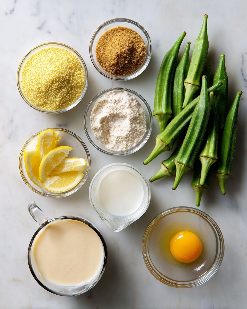 The image shows nine clear glass bowls arranged on a white marbled surface. The largest bowl on the right holds fresh whole green okra with a firm texture. Above it to the left are smaller bowls containing yellow cornmeal, a light brown spice mix, and white salt crystals. Below the cornmeal is a bowl with four lemon wedges bright yellow and juicy. To the left side, there is a bowl with thick, creamy light beige sauce. Below the sauce bowl, a small bowl holds a single raw egg with a bright yellow yolk and clear egg white. Above these two bowls, there is a measuring cup with creamy white buttermilk and another with a clear liquid shown as vinegar. The arrangement is neat and evenly spaced. photo taken with an iphone --ar 4:5 --v 7