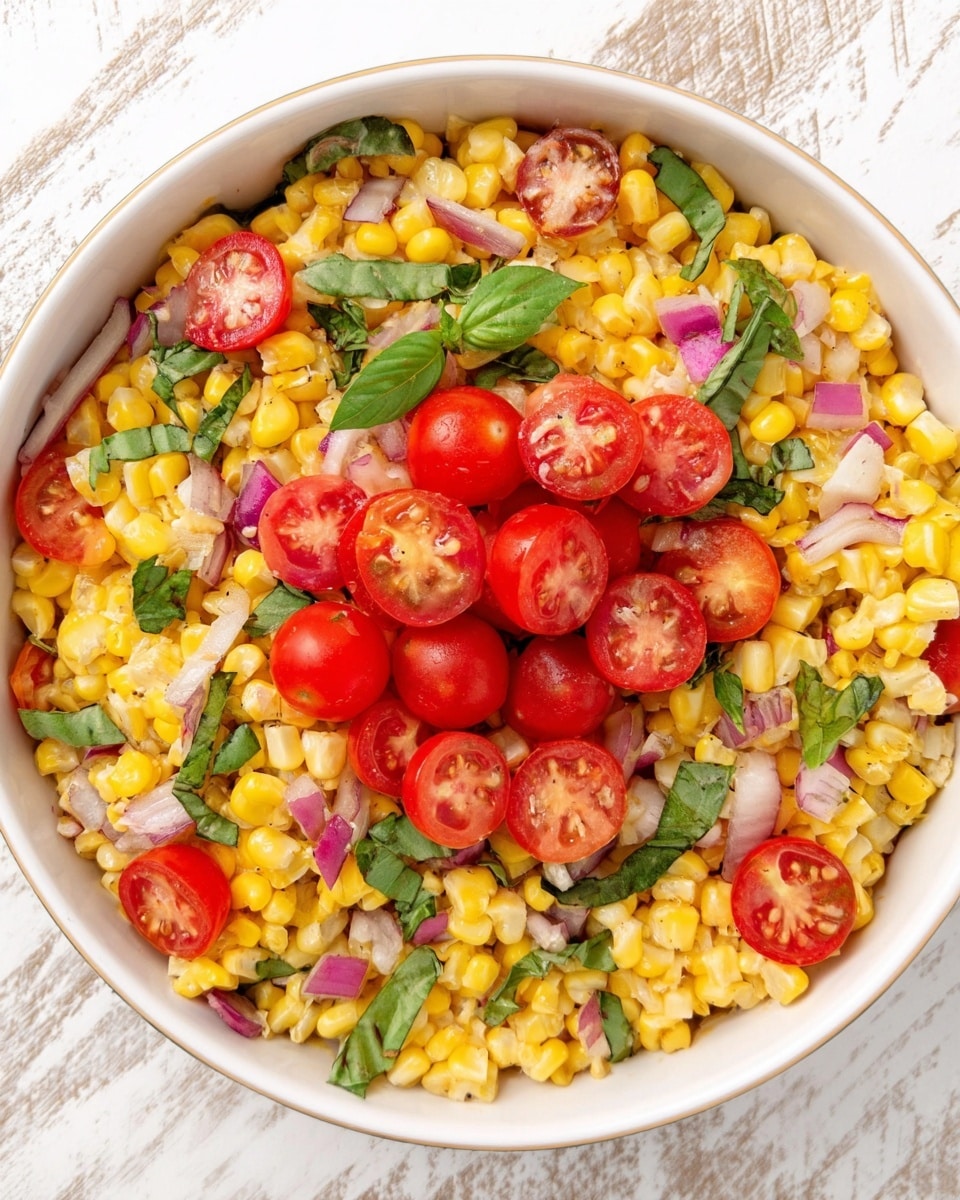 The image shows a white bowl filled with a colorful salad on a white marbled surface. The base layer of the salad is made up of bright yellow corn kernels mixed with small pieces of red onion and green basil leaves scattered evenly throughout. On top, there are halved cherry tomatoes with a vibrant red color, arranged in a neat cluster in the center of the bowl. The textures vary from the smooth tomatoes, crunchy corn, and slightly rough onion pieces, creating a fresh and appealing look. Photo taken with an iphone --ar 4:5 --v 7