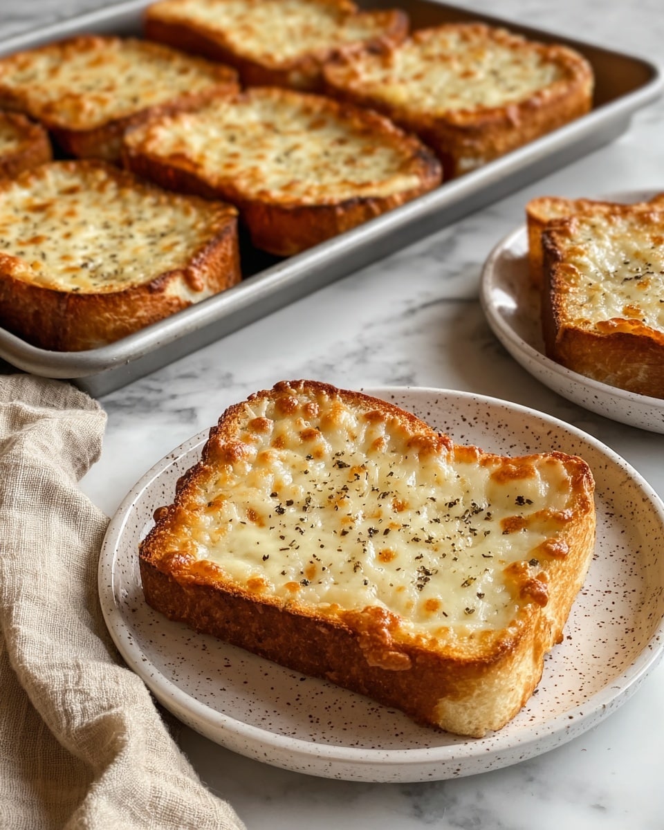 The image shows one thick slice of toasted bread on a white speckled plate in the front. The bread has a golden brown crust with a thick, bubbly, melted cheese layer on top that is creamy white with some small browned spots and sprinkled with crushed black pepper. In the background, there is a metal tray with five more slices of similar cheese toast, lined up in two rows. The scene is set on a white marbled surface with a beige cloth softly folded next to the plate. The overall look is warm, crispy, and cheesy photo taken with an iphone --ar 4:5 --v 7
