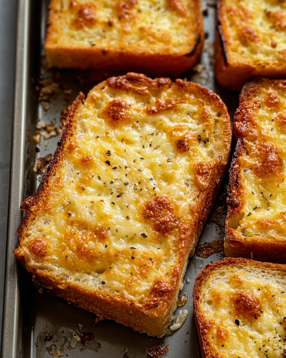 The image shows thick slices of toasted bread topped with a golden-brown layer of melted cheese. The cheese has a bubbly texture with darker spots where it is slightly browned and sprinkled with cracked black pepper for added texture and color contrast. Each slice of bread has a thick, crispy crust with a soft, airy interior visible on the sides. The toasts are placed closely together on a metal baking tray with some crumbs scattered around. The overall look is warm and crunchy with a rich creamy topping. photo taken with an iphone --ar 4:5 --v 7