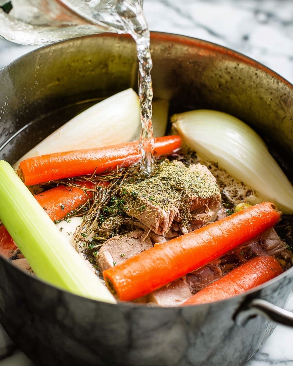 A close-up view inside a large metal pot shows several layers of ingredients. At the bottom, light green celery stalks lie horizontally. Above them, two bright orange whole carrots rest across the pot. Large quartered white onions with a smooth texture sit on top and among the other ingredients. There is a layer of raw meat pieces sprinkled with dried herbs, mostly a mix of small green flakes, positioned in the center. A clear liquid is being poured into the pot from above, captured mid-pour, adding a sense of movement. The whole scene is set against a white marbled surface. Photo taken with an iphone --ar 4:5 --v 7