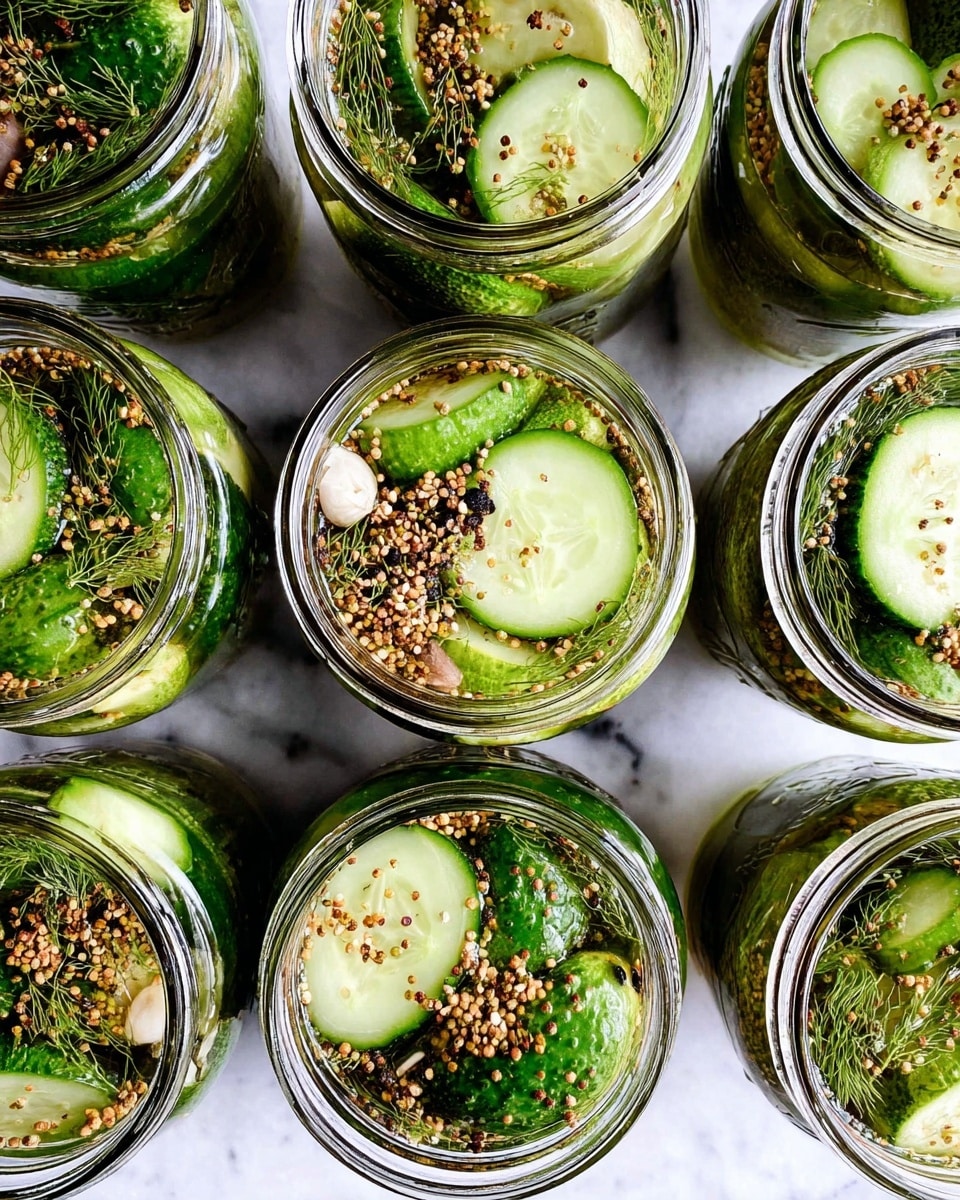 The image shows nine glass jars filled with pickles, viewed from above on a white marbled surface. Each jar contains green cucumber slices and halves, submerged in clear pickling liquid. Inside the jars, there is a mix of light brown coriander seeds, black peppercorns, and dried dill scattered throughout. Some jars also contain white garlic cloves and bits of dried herb stalks. The cucumbers have a fresh, vibrant green color with a smooth texture, and the spices add a spotted texture and warm colors. The jars are neatly arranged in a grid pattern with close spacing. photo taken with an iphone --ar 4:5 --v 7