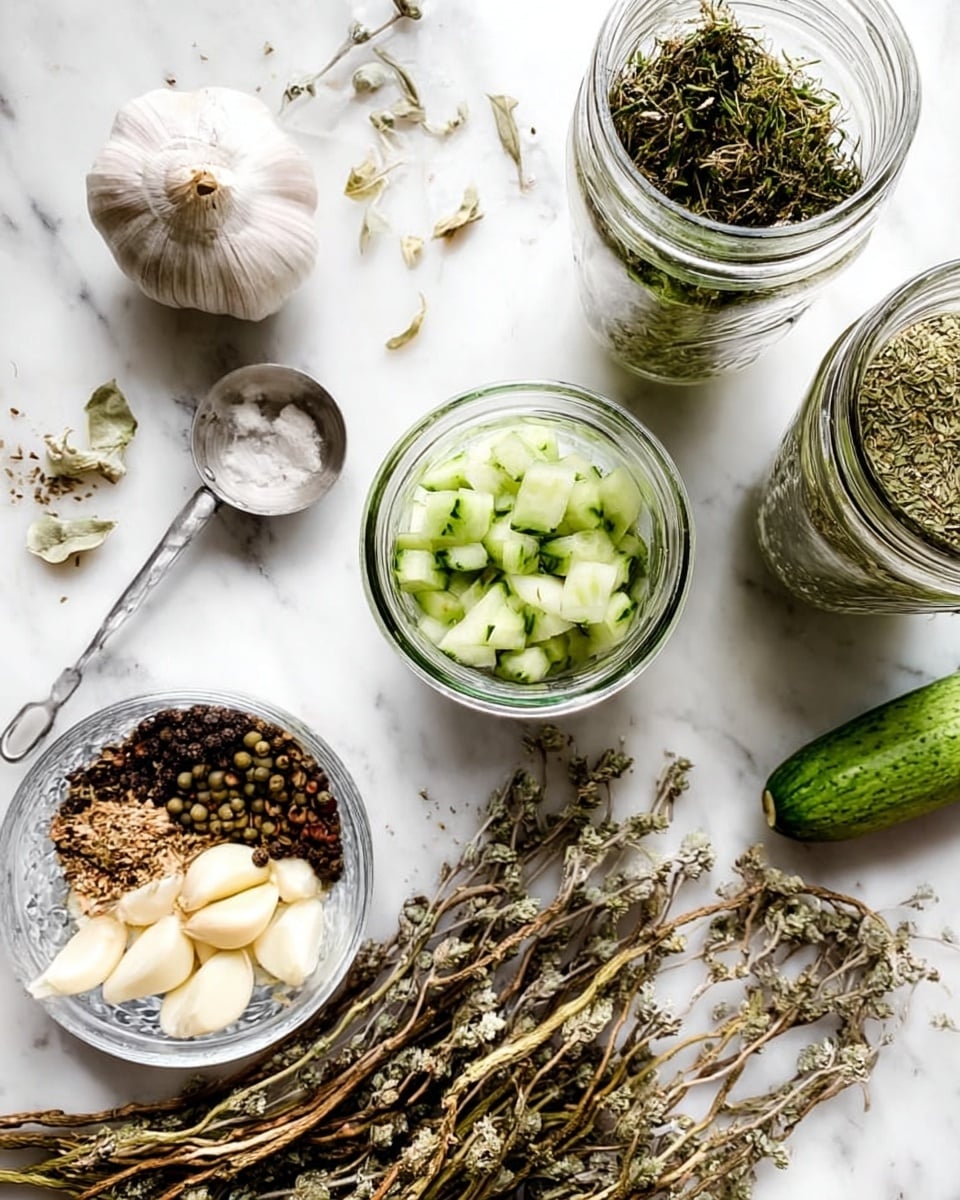 The image shows a top view of several jar ingredients and spices arranged on a white marbled surface. There are three clear glass jars: one filled with chopped green cucumbers and dried herbs on top, another jar with dried herbs only, and the third jar also containing dried herbs. Near the jars, there is a whole garlic bulb and a white bowl filled with peeled garlic cloves in the lower left corner. Towards the left side, a clear glass bowl contains mixed spices, including brown, black, and light-colored seeds and leaves, with a silver measuring spoon resting inside it. At the bottom part of the image, a bunch of dried stems or herbs is spread out, adding texture to the arrangement. A small green cucumber is placed near the center top. The overall setting is bright and clean with a natural, rustic feel. Photo taken with an iphone --ar 4:5 --v 7