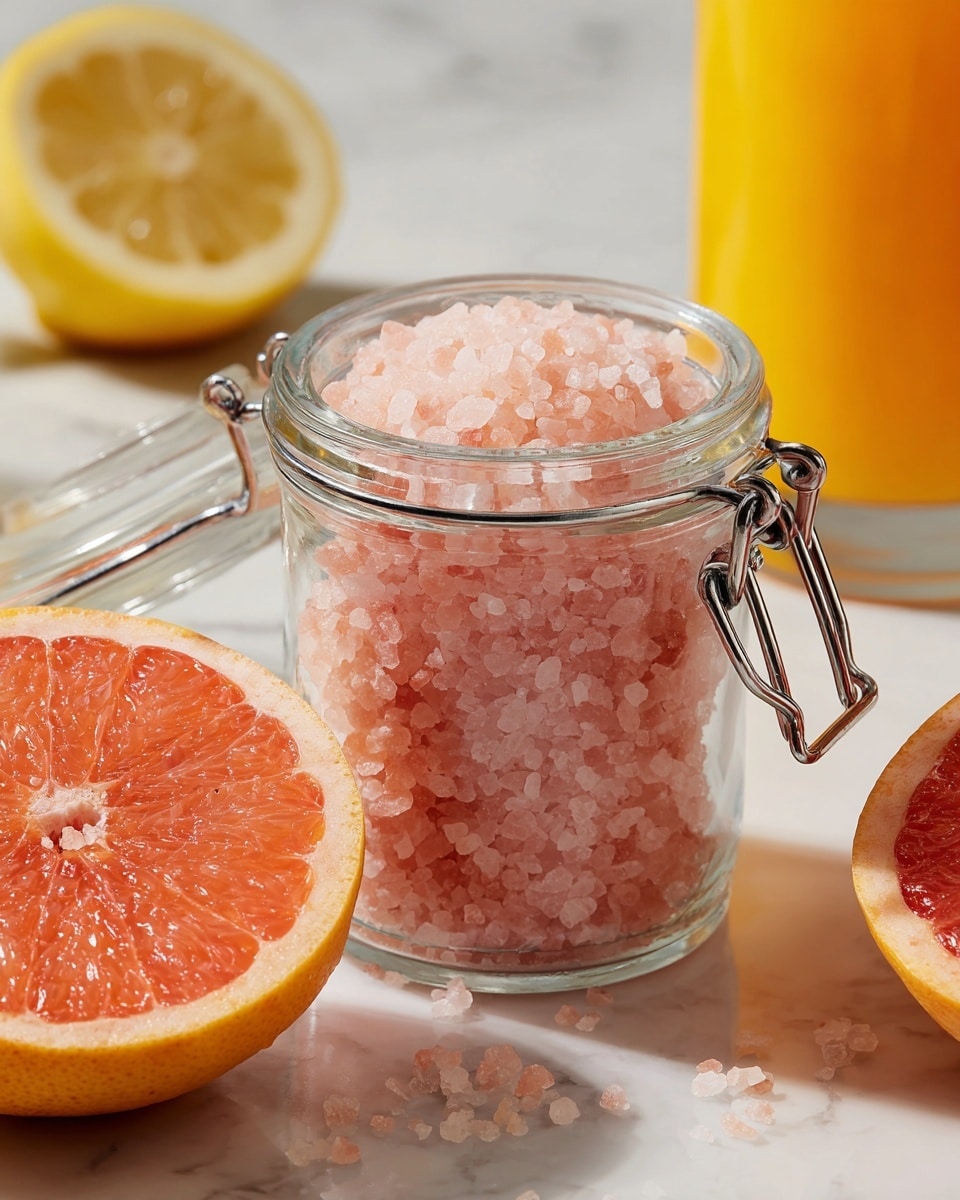A clear glass jar with a metal clasp is filled with pink Himalayan salt crystals, placed on a white marbled surface. In the foreground, there is a large half of a bright orange grapefruit showing its juicy, textured inner flesh with visible segments. To the left edge of the image, there is a half lemon with a pale yellow interior and a blurred orange juice container in the background, both adding warm tones to the scene. The image is bright, fresh, and clean looking, with a focus on the natural textures and colors of the fruit and salt. photo taken with an iphone --ar 4:5 --v 7