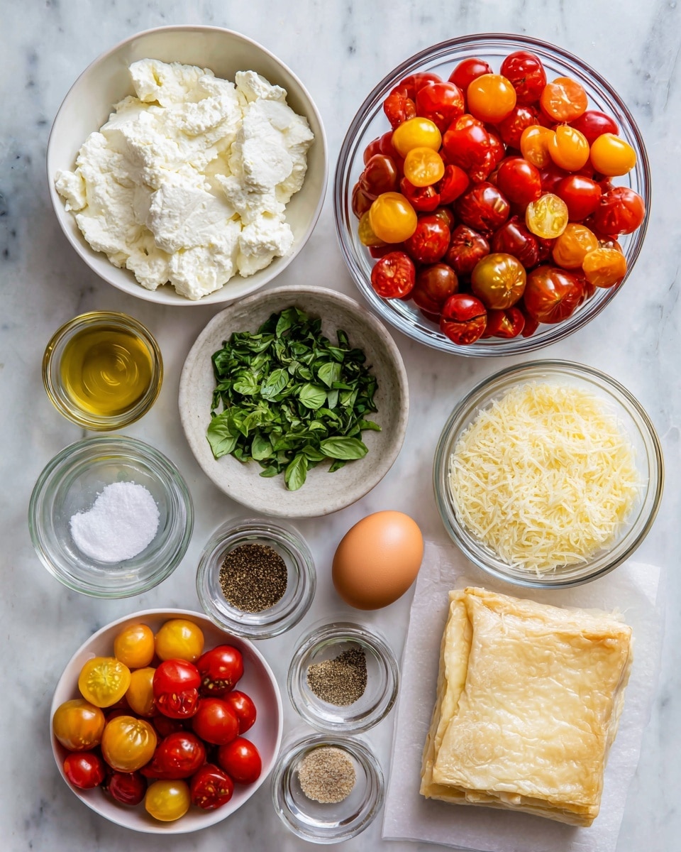 A white bowl full of red, yellow, and orange cherry tomatoes, some sliced in half, placed at the top right. Below it, there is a clear glass bowl filled with grated pale yellow Parmigiano-Reggiano cheese. To the left, another glass bowl contains white, creamy ricotta cheese. Above the ricotta, a small glass bowl holds chopped green basil leaves. Next to the basil, a tiny glass bowl with a mix of salt and black pepper. Below the ricotta, a small glass container with light golden olive oil and a brown egg beside it. At the bottom right, a folded sheet of light beige puff pastry rests on parchment paper. Two small spice containers labeled oregano and garlic powder sit at the bottom left. All items are placed on a white marbled surface. Photo taken with an iphone --ar 4:5 --v 7