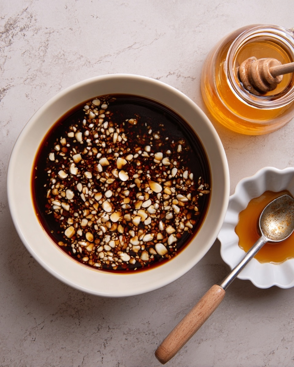 A close top view of a white bowl filled with a dark soy-based sauce mixed with many small white garlic pieces floating on the surface. To the right of the bowl is a small clear glass jar filled with golden honey, with a wooden honey dipper resting inside it. Below the jar is a small white scalloped dish holding a large metal tablespoon with some sauce traces on it. All items are placed on a white marbled surface. Photo taken with an iphone --ar 4:5 --v 7
