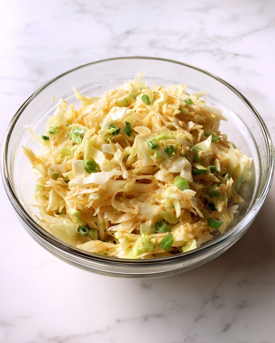 A clear round glass bowl filled with a salad of thin, pale yellow shredded cabbage mixed with small pieces of green onions, all coated lightly in a creamy dressing. The bowl is placed on a white marbled surface, and the ingredients look fresh and slightly glossy from the dressing. photo taken with an iphone --ar 4:5 --v 7