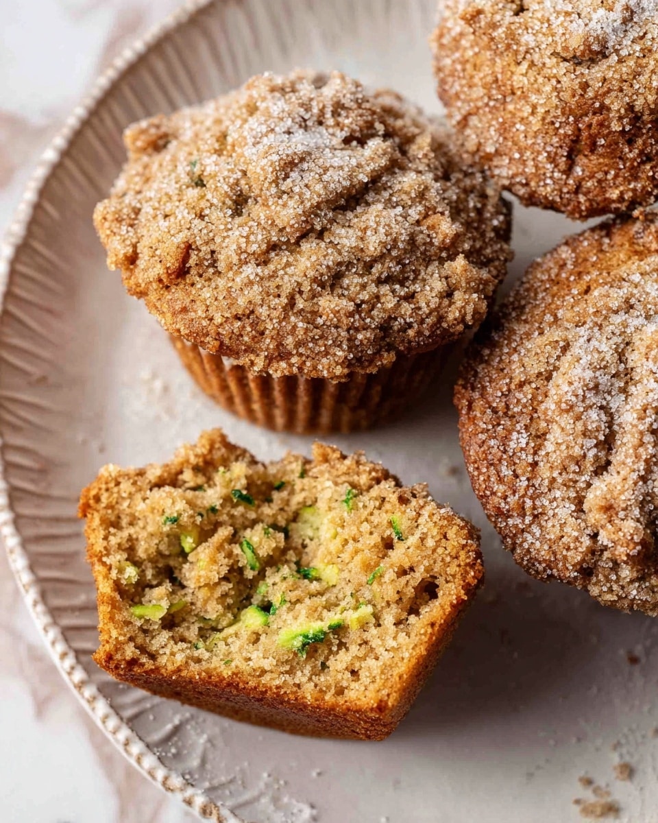 The image shows three muffins on a white plate with a textured rim, placed on a white marbled surface. One muffin is broken in half, revealing a moist, dense inside with green specks that look like zucchini bits. The muffins have a golden-brown color with a crumbly topping dusted lightly with powdered sugar. The texture of the muffins looks soft and slightly crumbly. Photo taken with an iphone --ar 4:5 --v 7