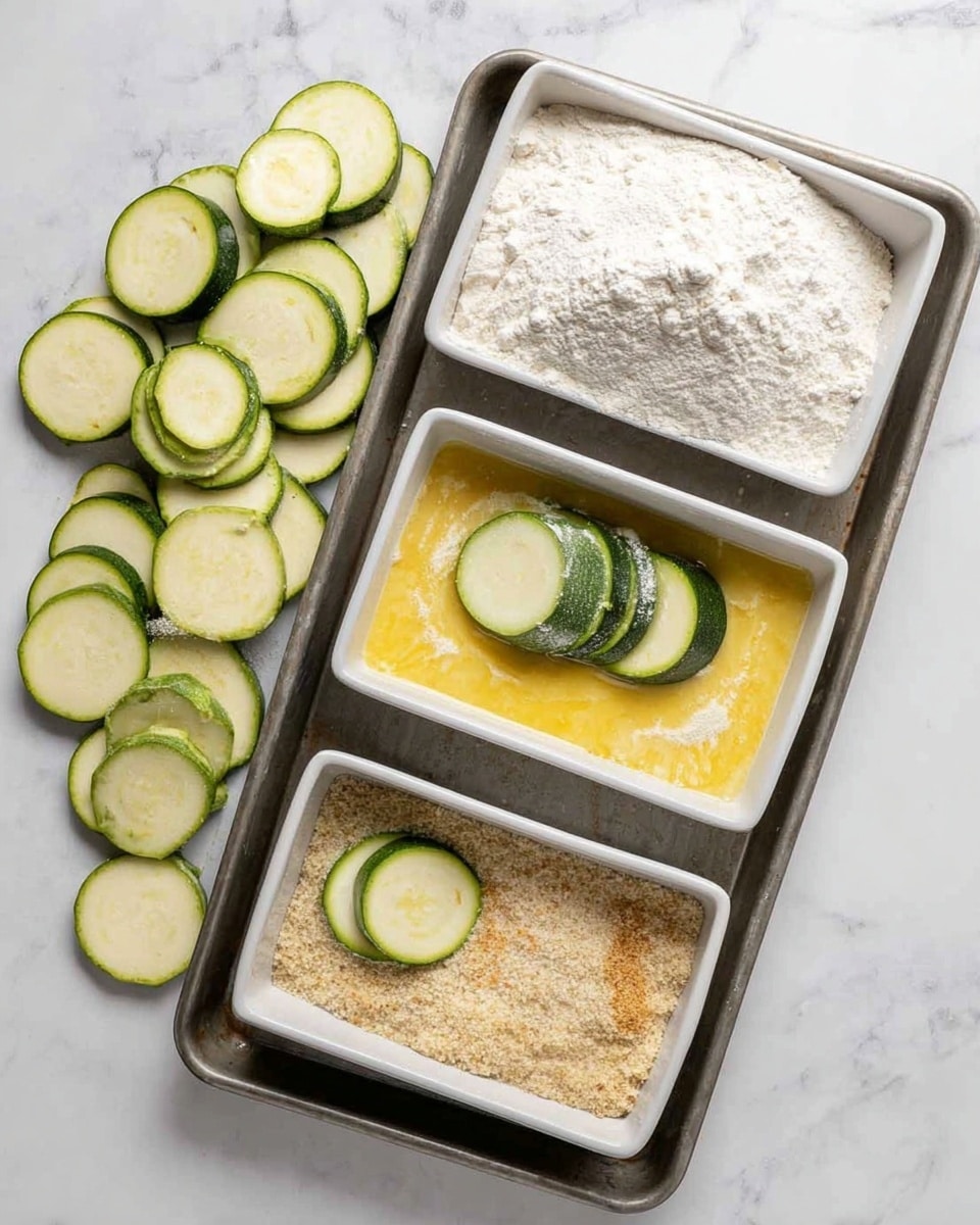 The image shows a metal baking tray with 21 round slices of breaded vegetables, likely zucchini, arranged neatly in rows. Each slice is coated in a light tan breadcrumb layer that looks slightly coarse, suggesting a mix of flour and seasoning. The slices are spaced evenly across the tray, which rests on a white marbled surface. Some breadcrumbs are scattered lightly around the tray, adding texture. The overall look is ready to be baked, with a clean and organized presentation photo taken with an iphone --ar 4:5 --v 7