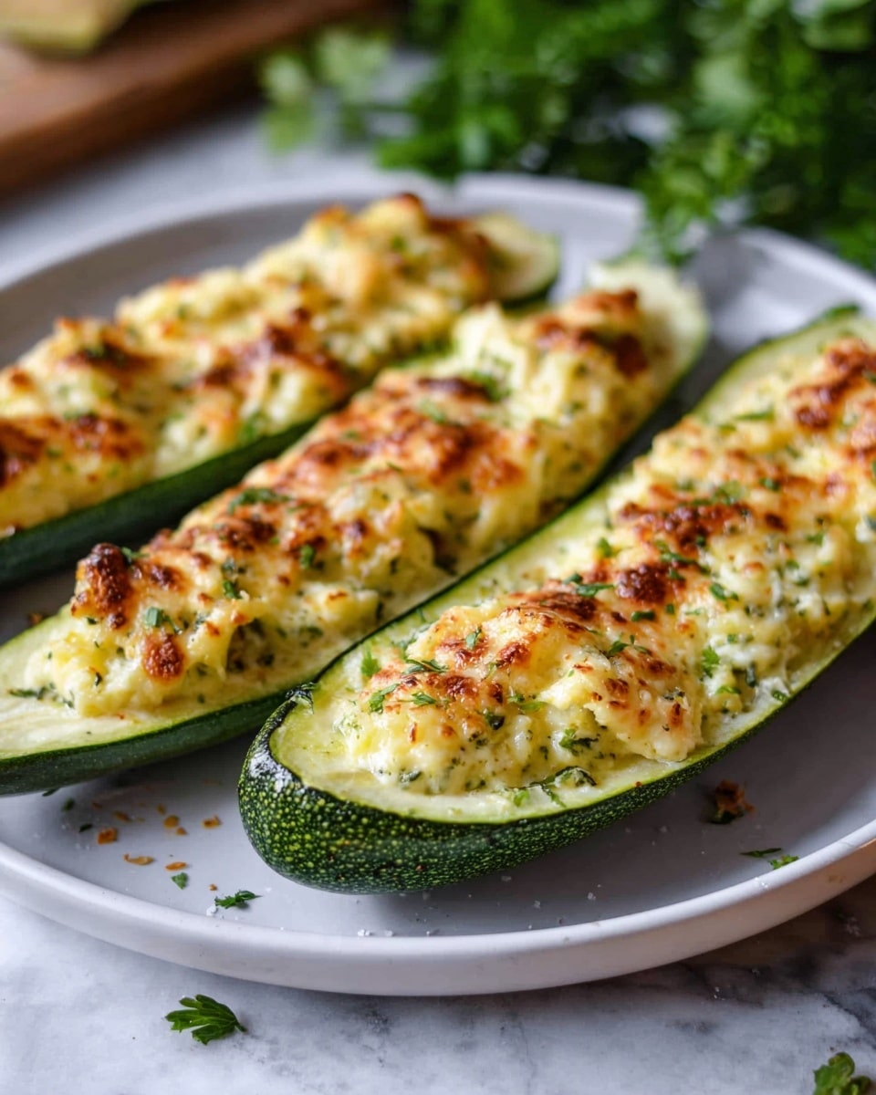 There are three zucchini halves placed side by side on a white plate, each filled with a creamy yellow mixture topped with browned melted cheese, giving a slightly crispy texture on top. The green skin of the zucchini creates a thick border around the soft filling that looks textured with small bits and herbs sprinkled throughout. The plate rests on a white marbled surface with a blurred background showing some greenery. The photo taken with an iphone --ar 4:5 --v 7