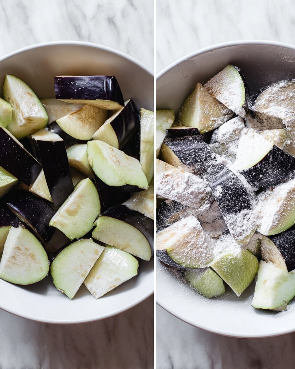 The image shows two white bowls on a white marbled surface, each filled with several pieces of eggplant sliced into thick, uneven wedges. The eggplant skin is dark purple, shiny, and smooth, while the inner flesh is pale greenish-white and textured with small seeds visible. The bowl on the left has only the eggplant pieces, while the bowl on the right shows the eggplant pieces sprinkled with a coating of white flour evenly covering them. Photo taken with an iphone --ar 4:5 --v 7